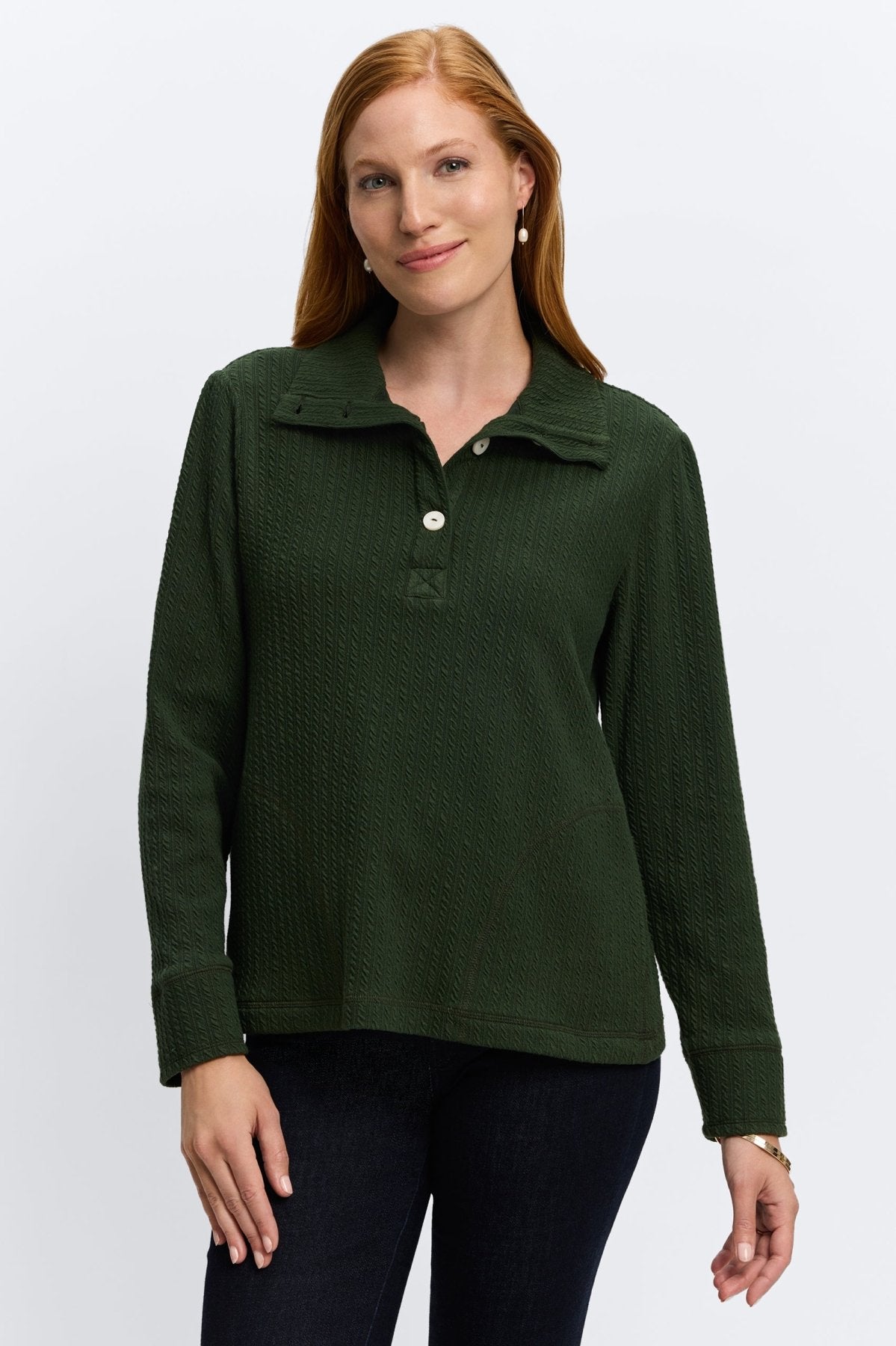 Foxcroft Sammy Cable Knit Popover Dark Green Cable Knit M