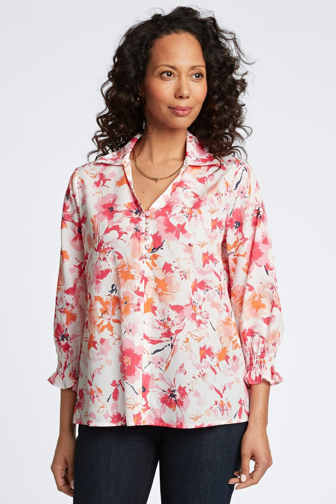 Alexis No Iron Watercolor Floral Popover Shirt- Foxcroft