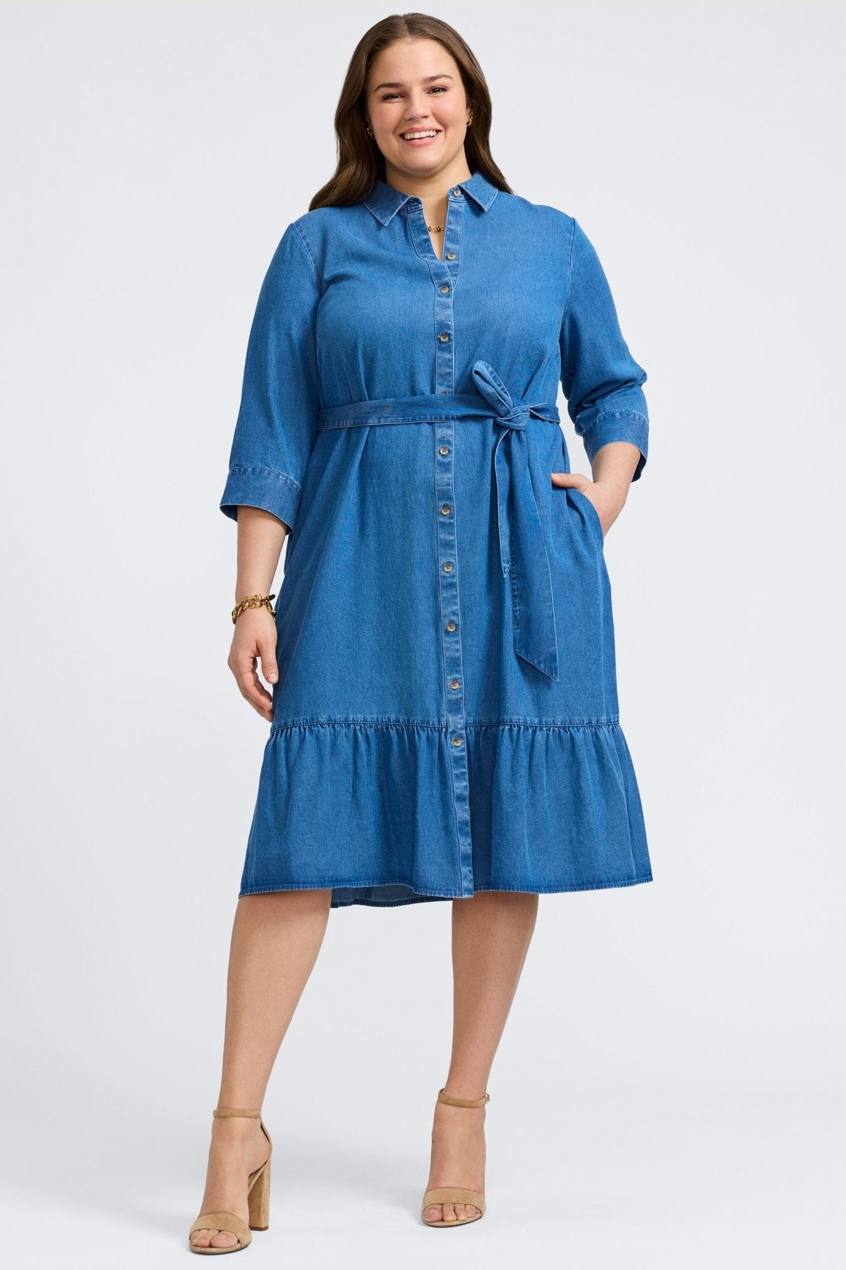 Ivy Plus Tencel® Denim 3/4 Sleeve Midi Dress