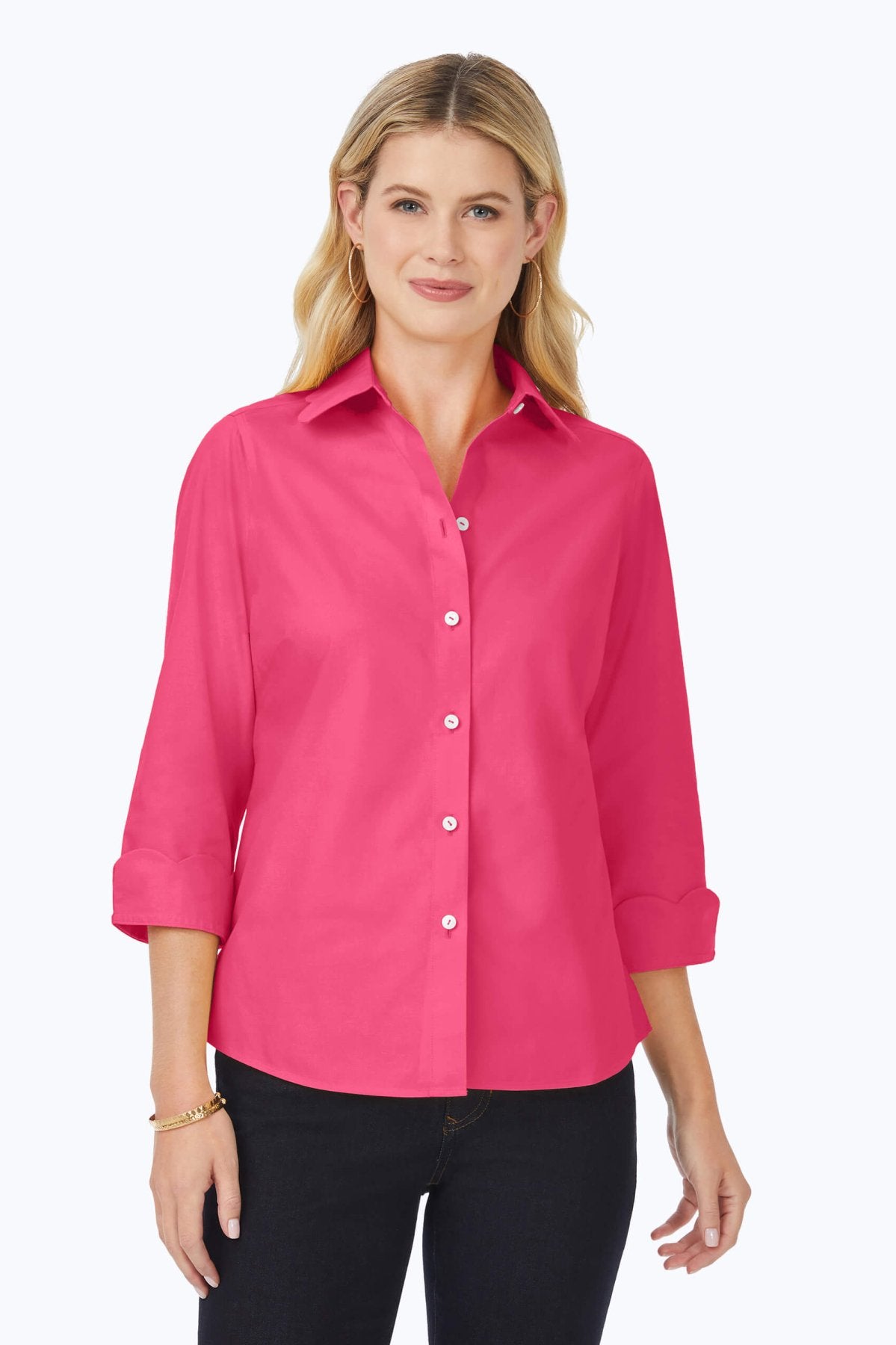 Gwen No Iron Pinpoint Scallop 3/4 Sleeve Shirt