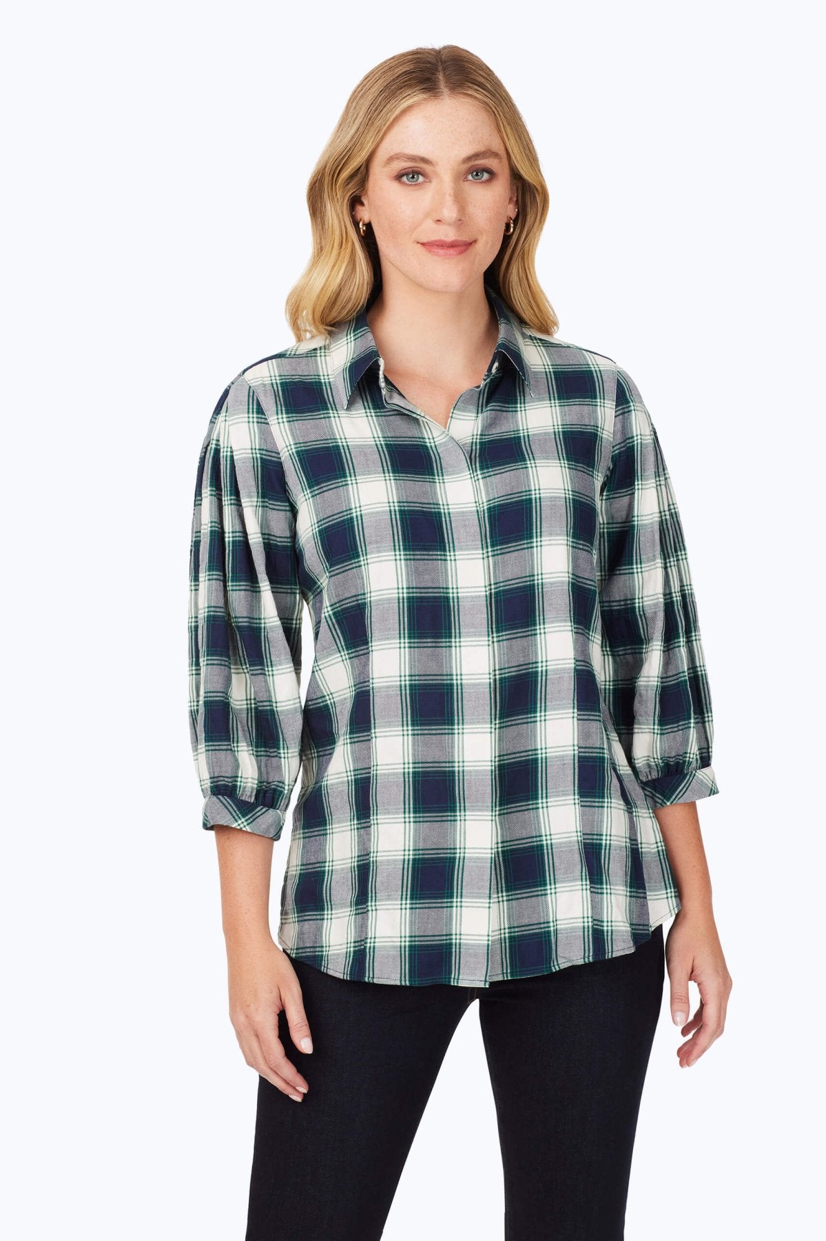 Brushed Pleated Sleeve Plaid Shirt