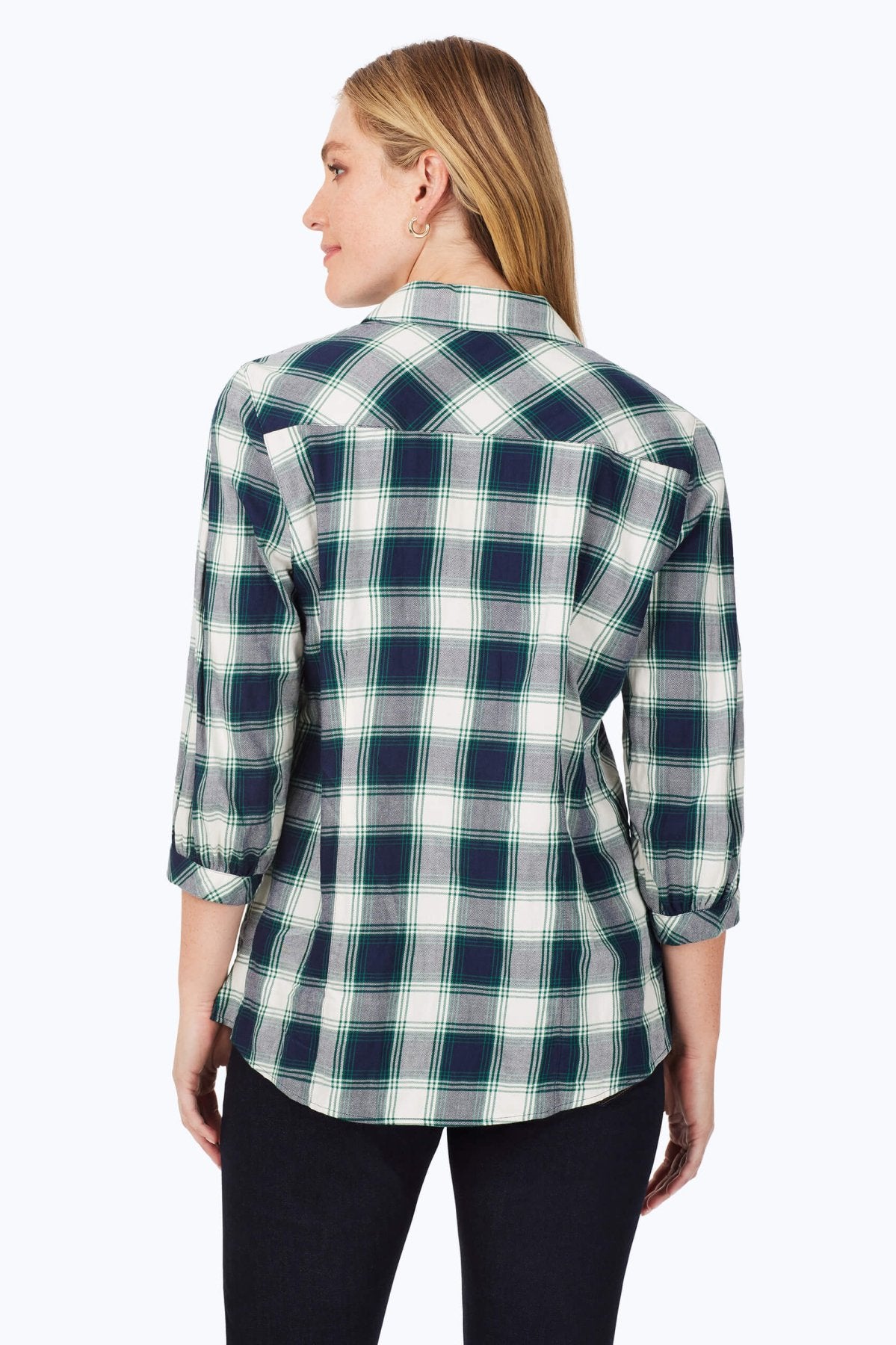 Brushed Pleated Sleeve Plaid 3/4 Sleeve Shirt