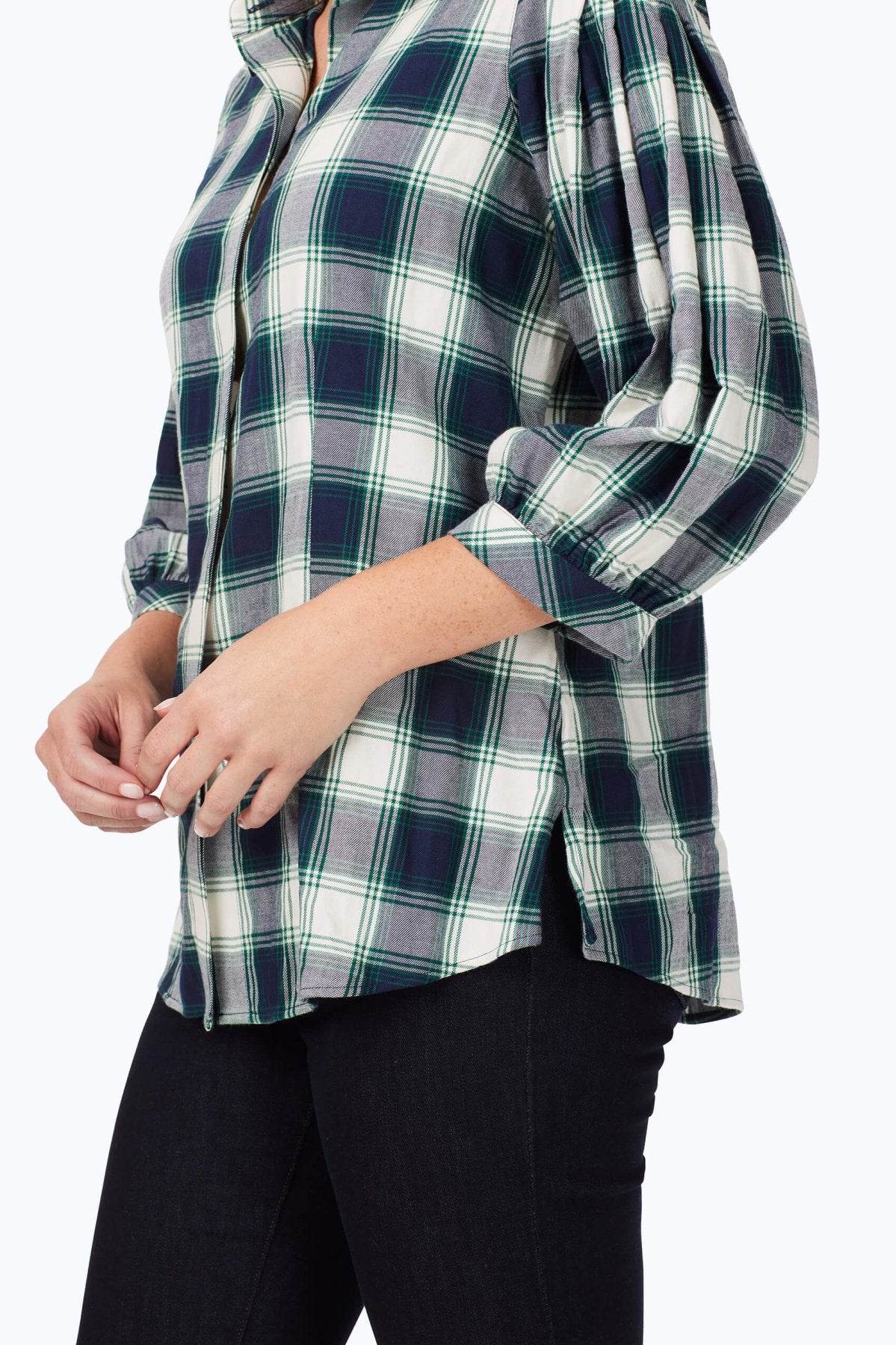 Brushed Pleated Sleeve Plaid Shirt