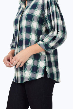 Brushed Pleated Sleeve Plaid 3/4 Sleeve Shirt