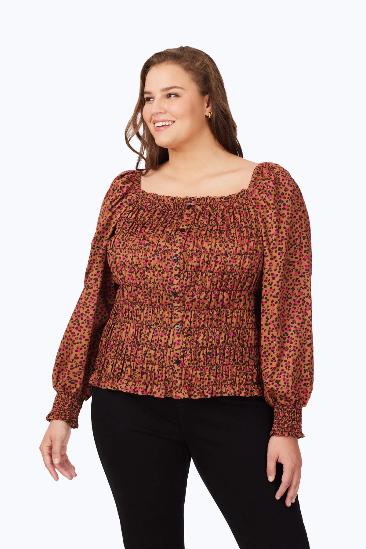 Plus Smocked Wild Cheetah Blouse