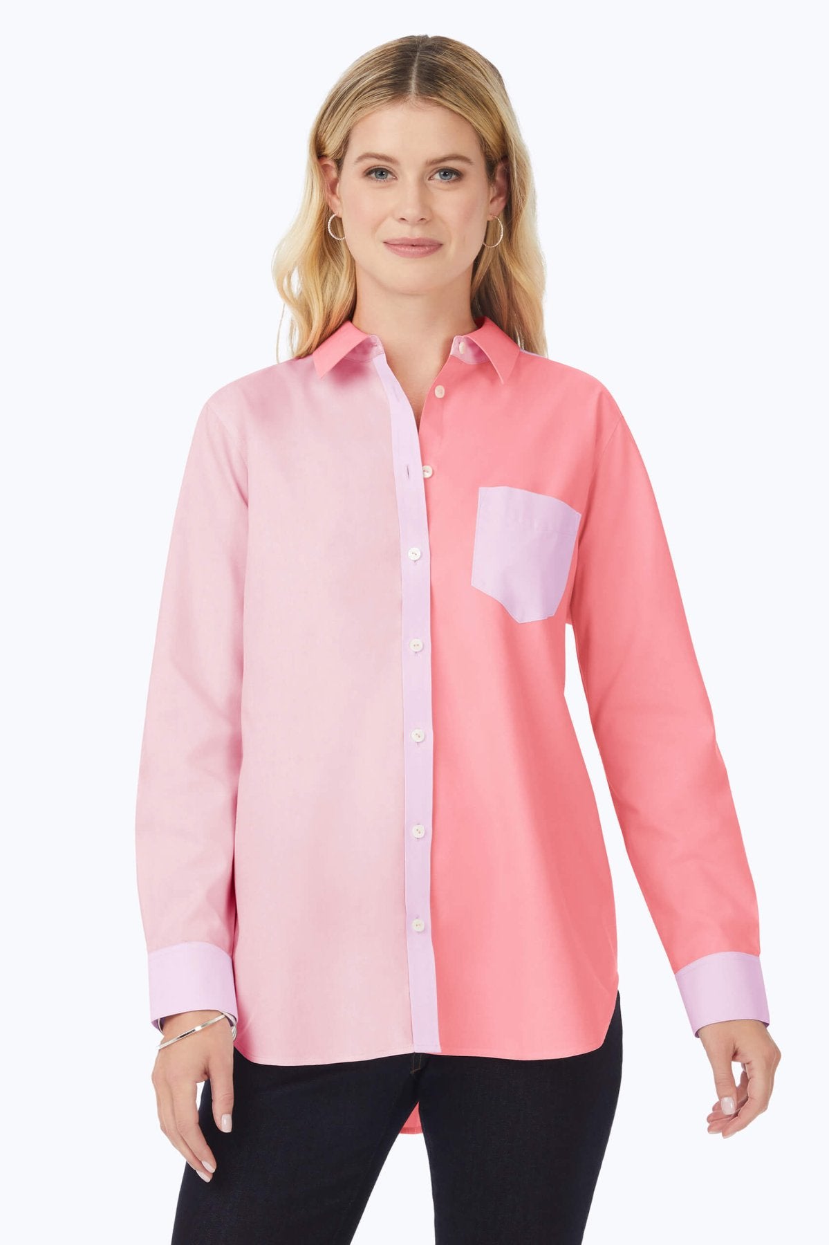 Boyfriend Pinpoint Non-Iron Colorblock Tunic #color_pink peach