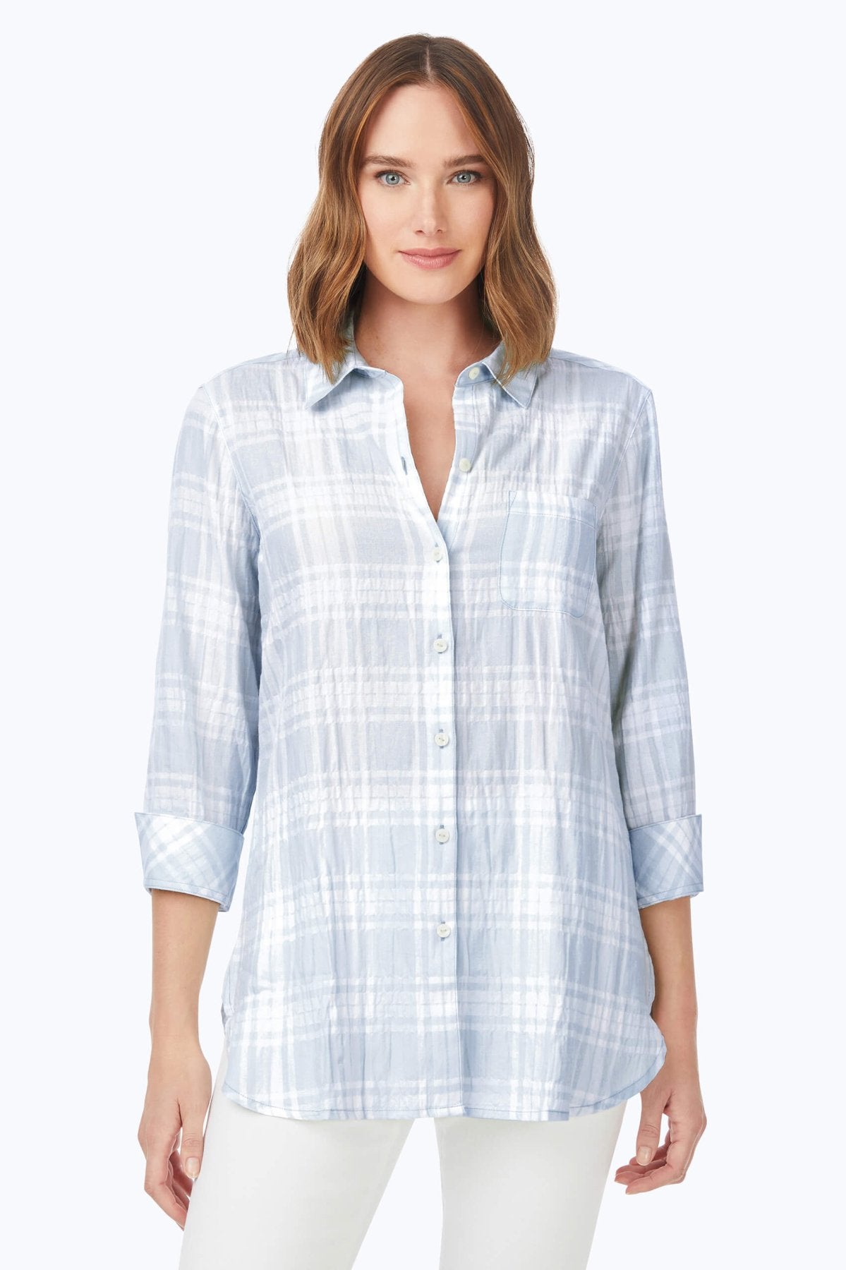 Germaine Puckered Spring Plaid Tunic #color_soft blue pucker spring plaid