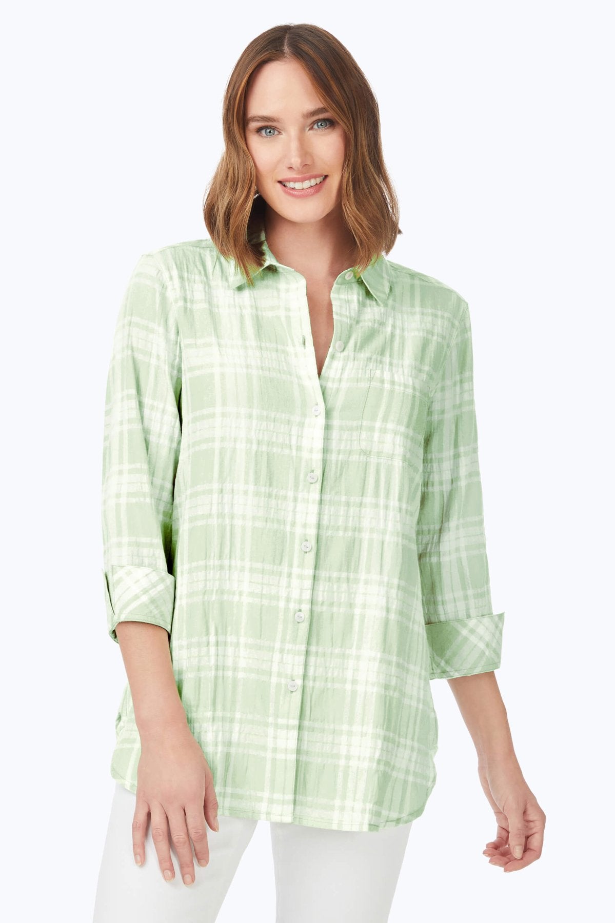 Germaine Puckered Spring Plaid Tunic #color_sea mist pucker spring plaid