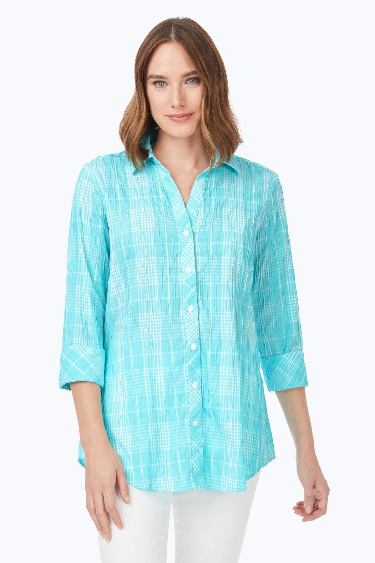 Faith Beach Plaid Crinkle 3/4 Sleeve Tunic