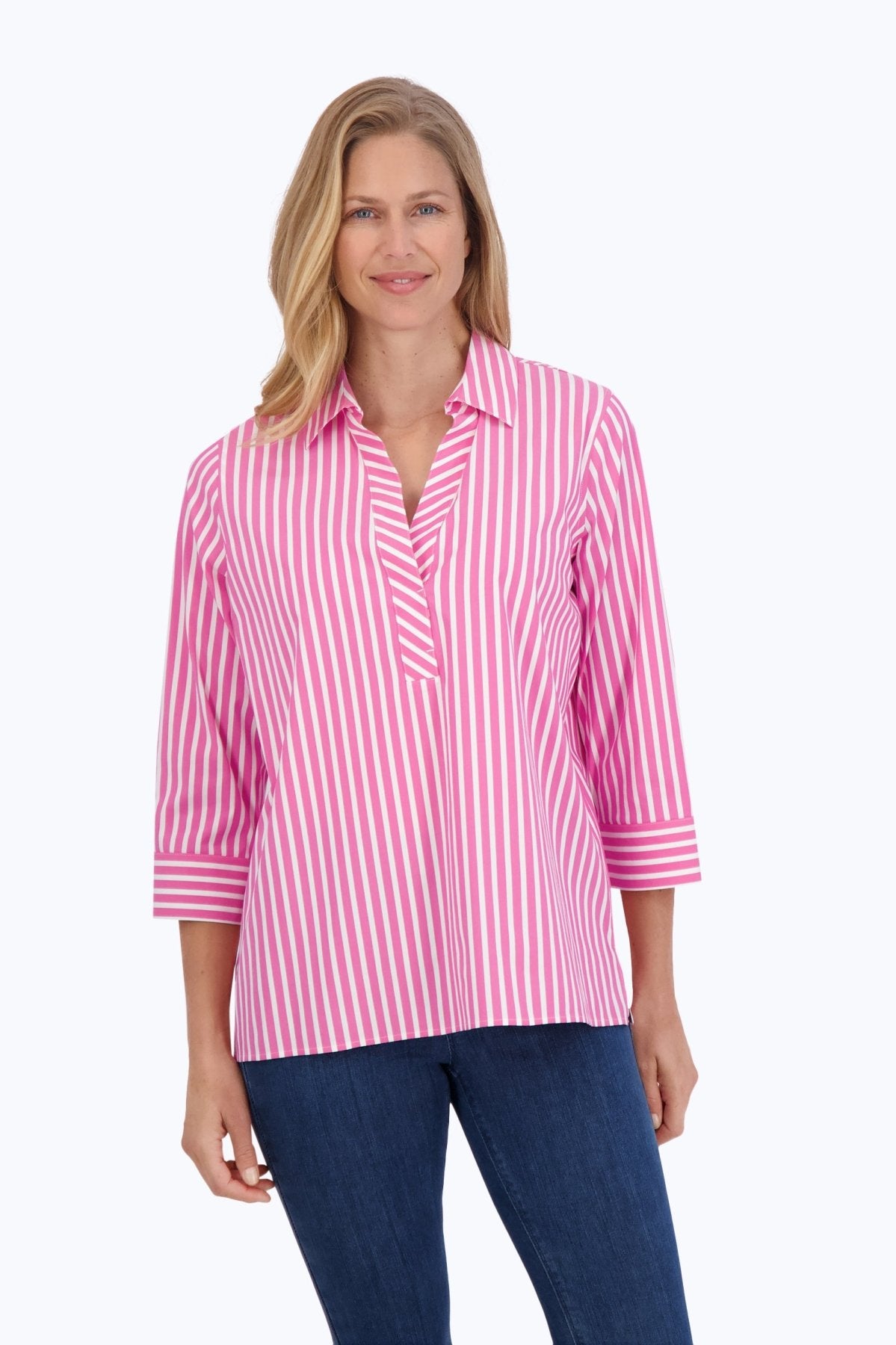 Sophia No Iron Stretch Stripe 3/4 Sleeve Popover Shirt