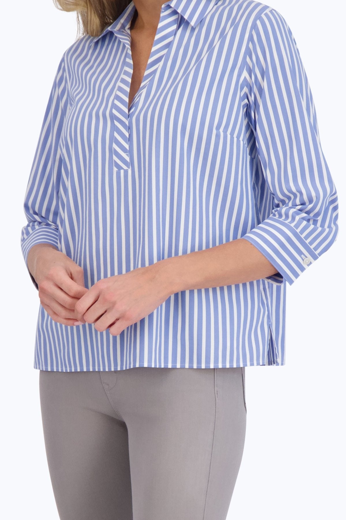 Sophia No Iron Stretch Stripe 3/4 Sleeve Popover Shirt