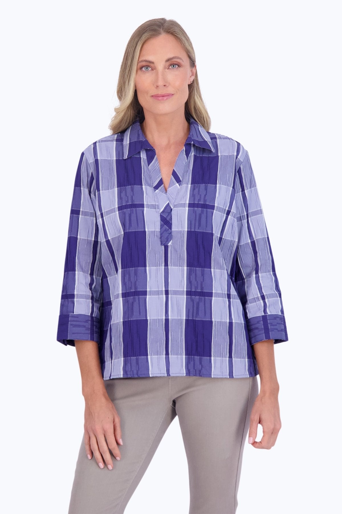 Sophia Denim Plaid Crinkle 3/4 Sleeve Popover Shirt