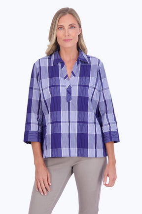 Sophia Denim Plaid Crinkle Popover