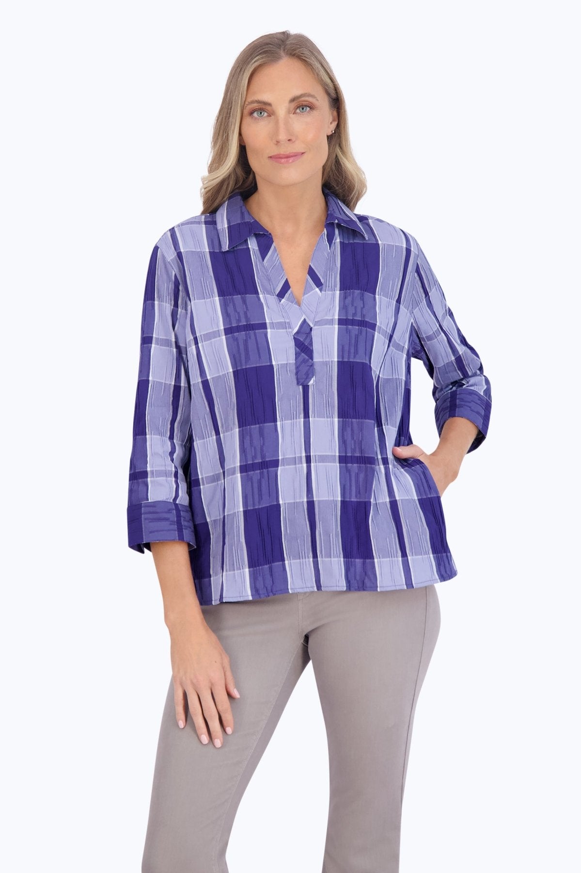 Sophia Denim Plaid Crinkle 3/4 Sleeve Popover Shirt