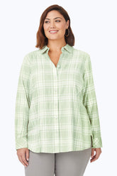 Rhea Plus Puckered Spring Plaid Shirt #color_sea mist pucker spring plaid