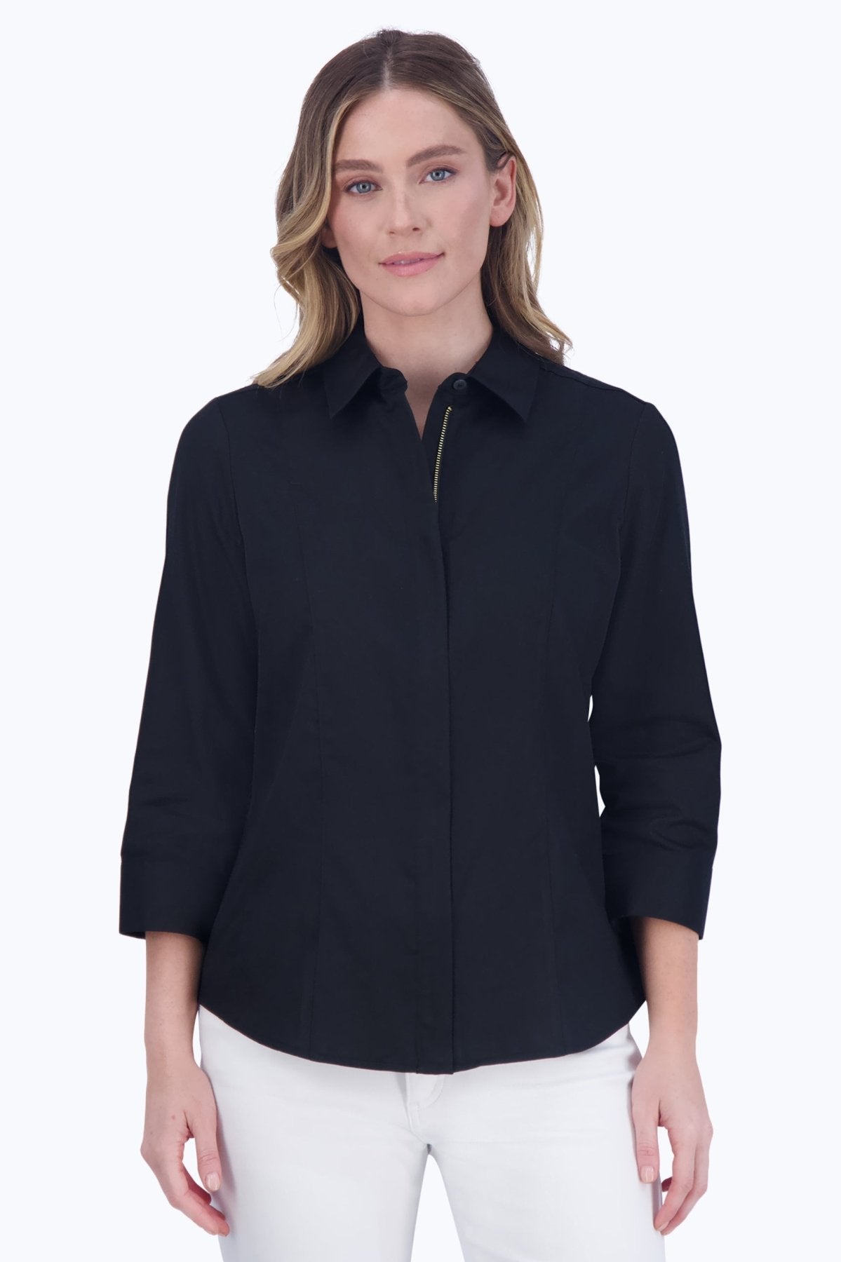 Aimee No Iron Solid Sateen Zip Front Shirt