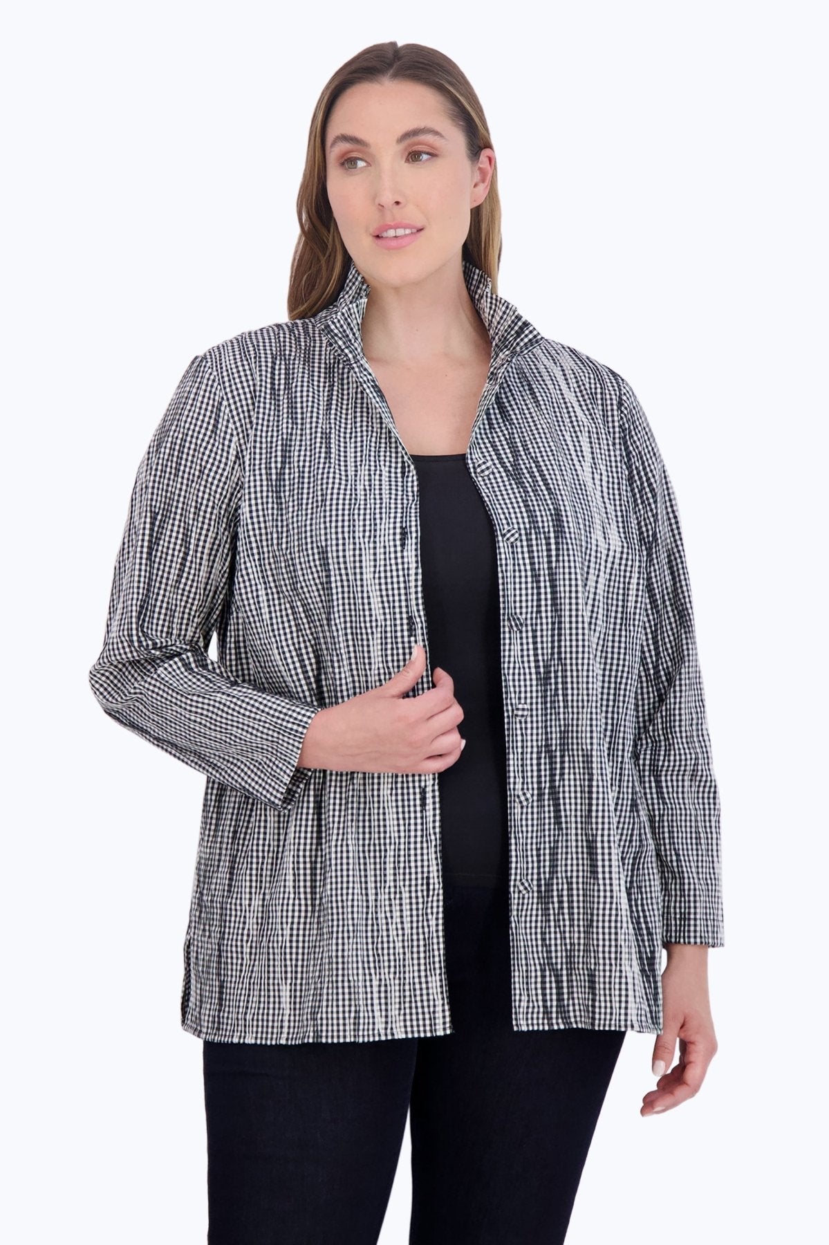 Carolina Plus Mini Gingham Crinkle Shirt Jacket- Foxcroft