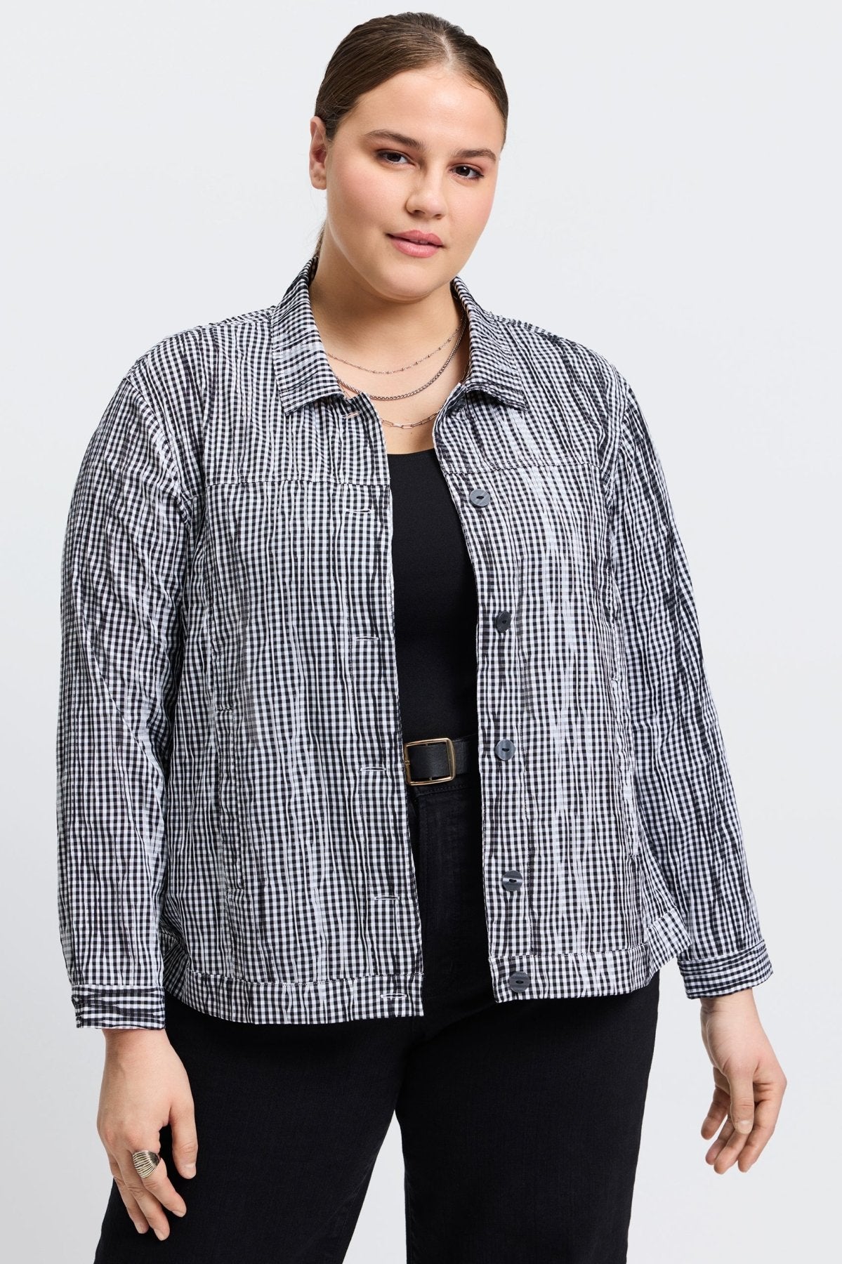 Thelma Plus Mini Gingham Crinkle Jean Jacket