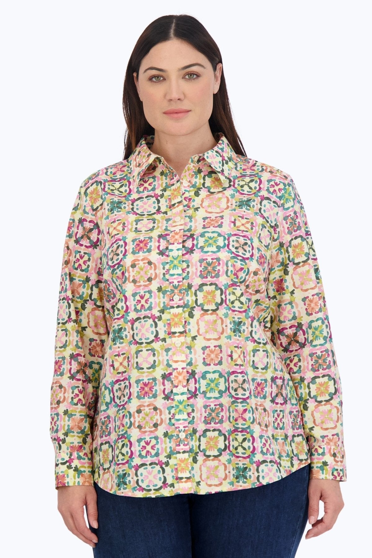 Zoey Plus No Iron Watercolor Tile Shirt