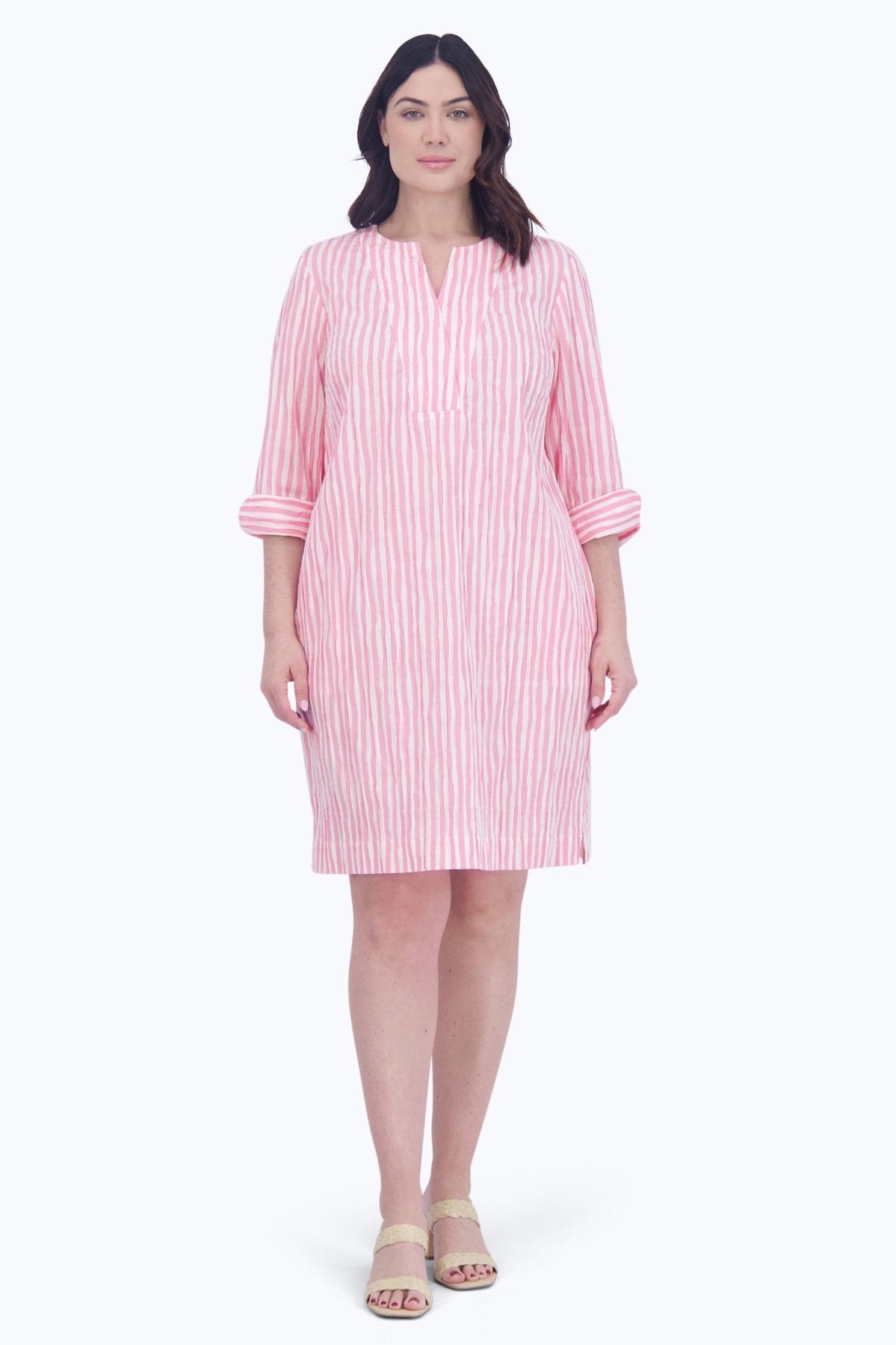 Vena Plus Crinkle Stripe 3/4 Sleeve Dress