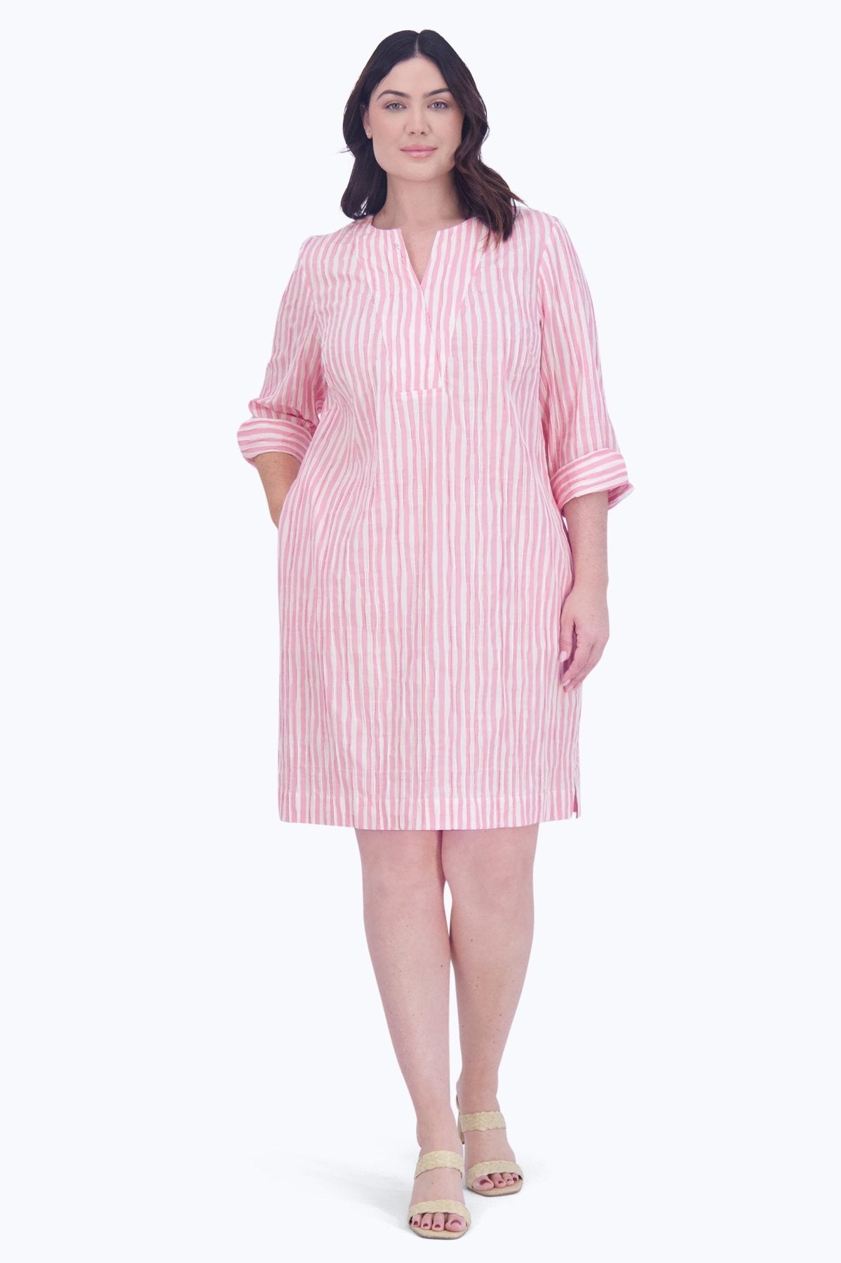 Vena Plus Crinkle Stripe 3/4 Sleeve Dress