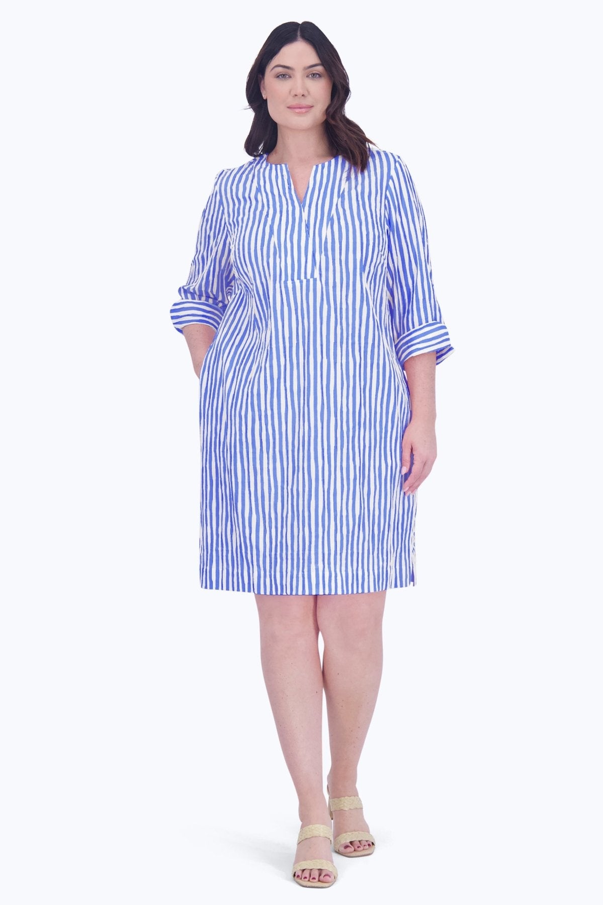 Vena Plus Crinkle Stripe 3/4 Sleeve Dress