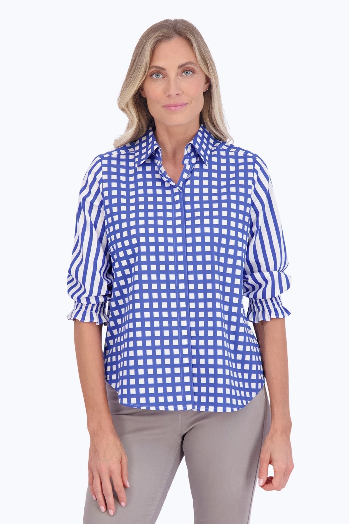 Olivia No Iron Gingham Stripe Combo Shirt