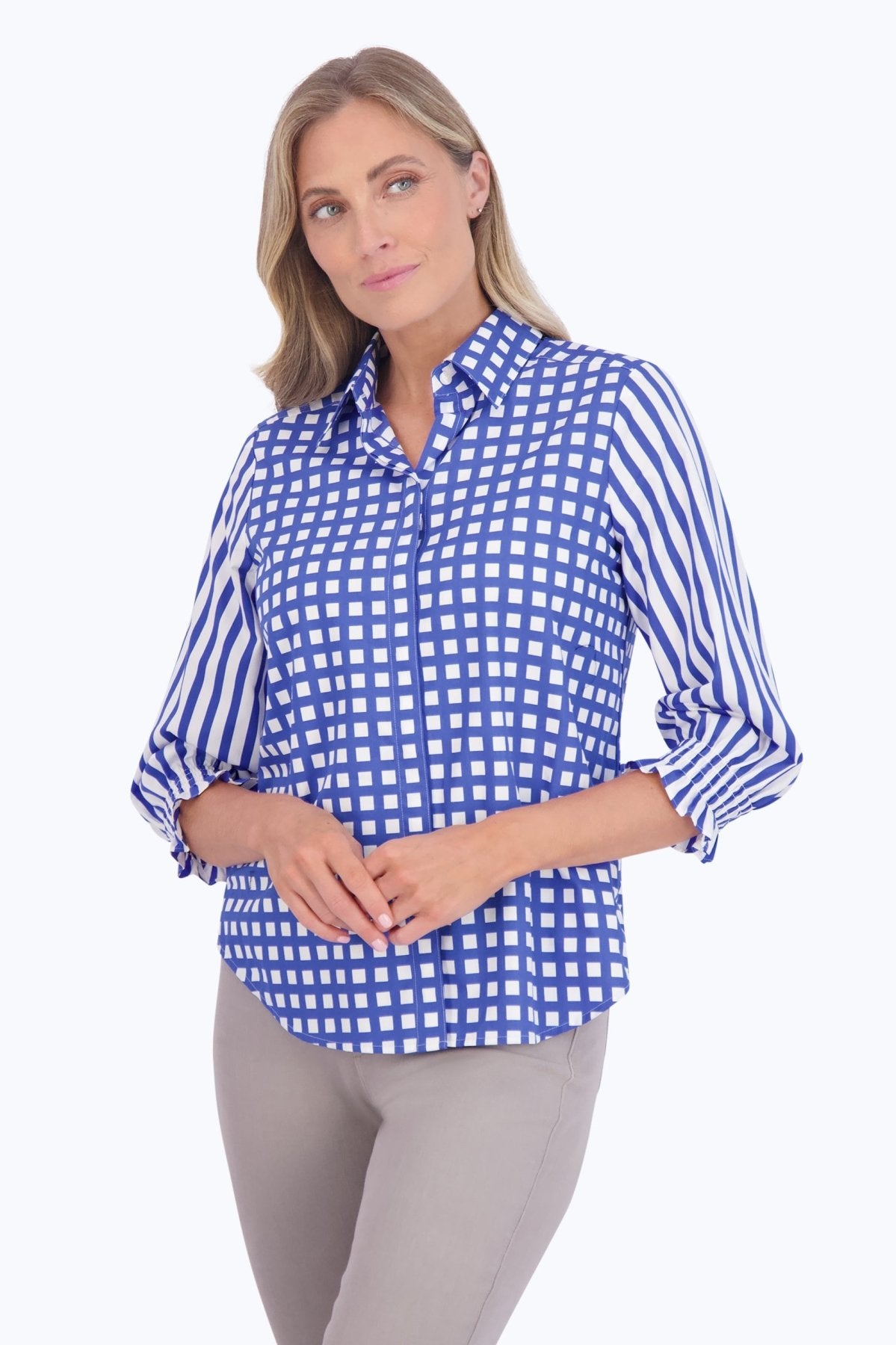 Olivia No Iron Gingham Stripe Combo Shirt