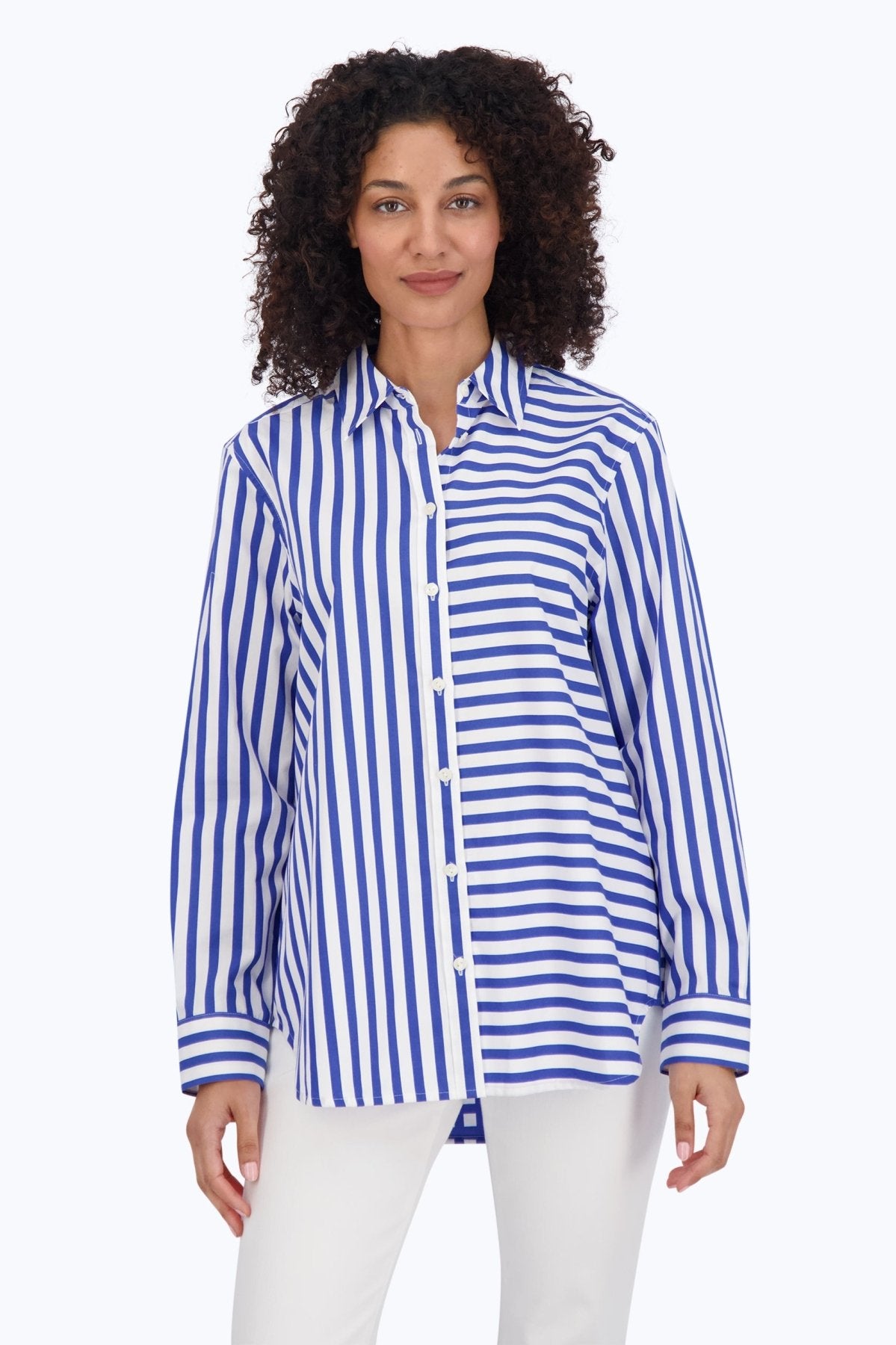 Meghan No Iron Gingham Stripe Combo Shirt