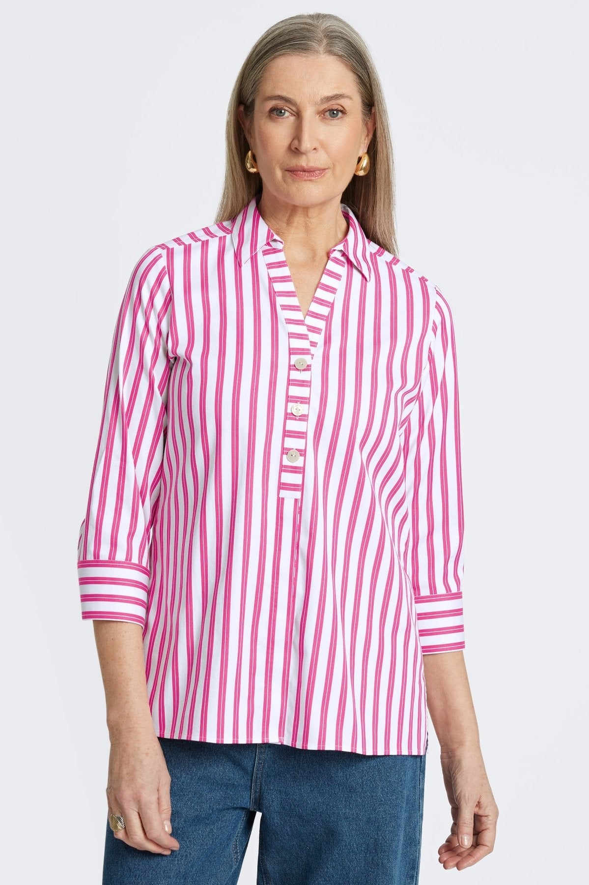 Pamela Essential Stretch No Iron Stripe Shirt- Foxcroft