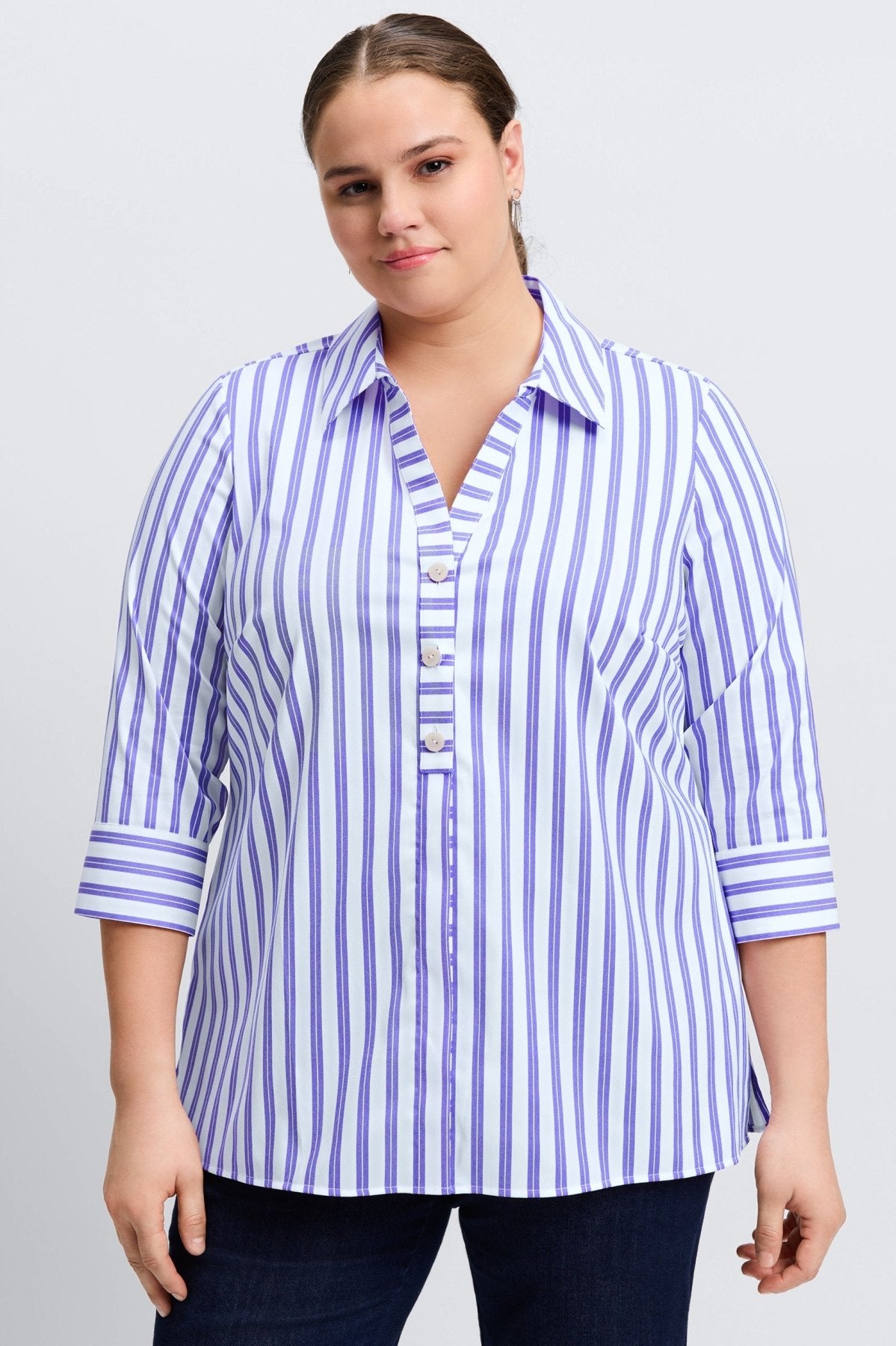 Pamela Plus Essential Stretch No Iron Stripe Shirt- Foxcroft