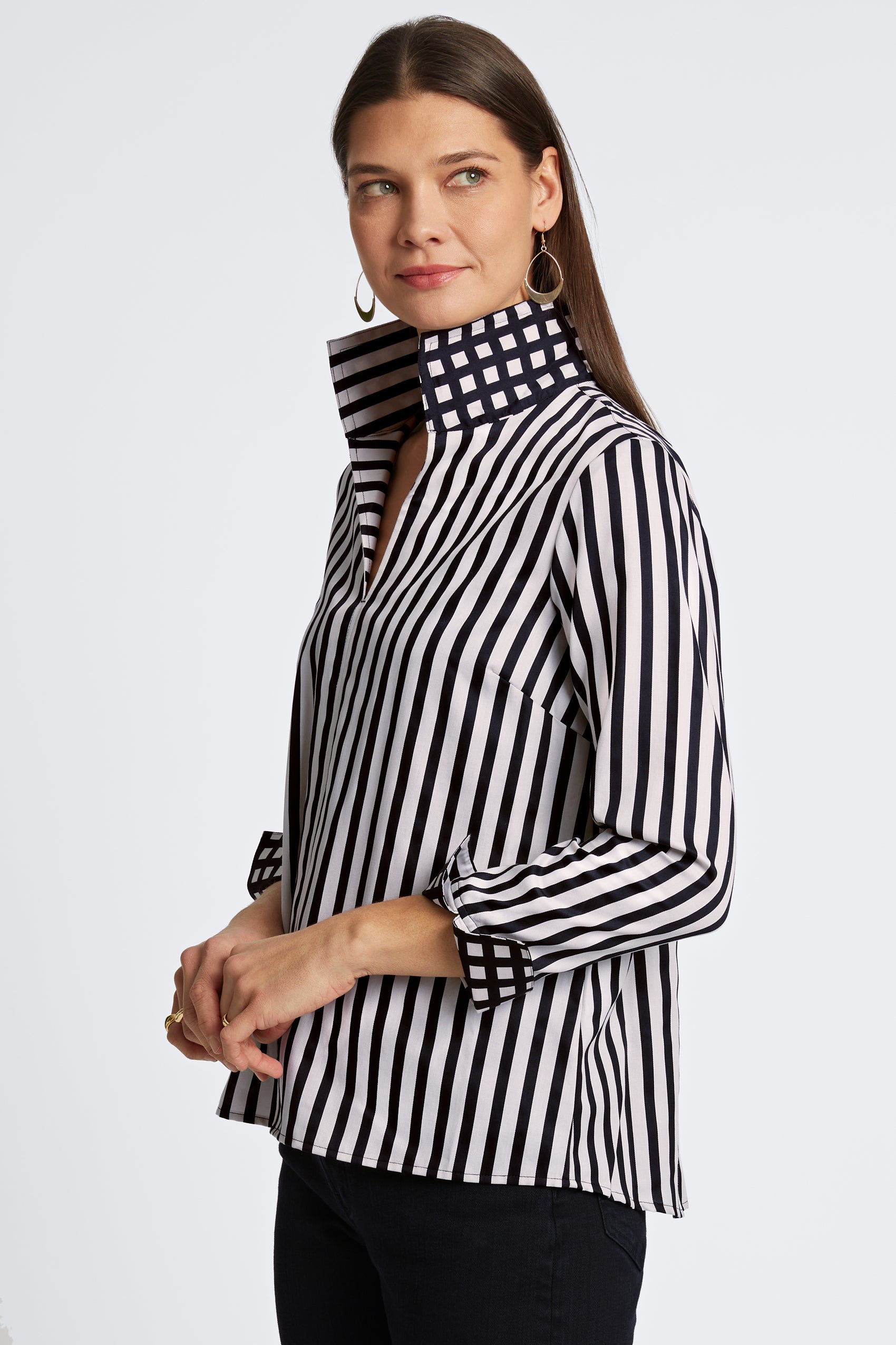 Agnes Stripe & Gingham Long Sleeve Popover Shirt