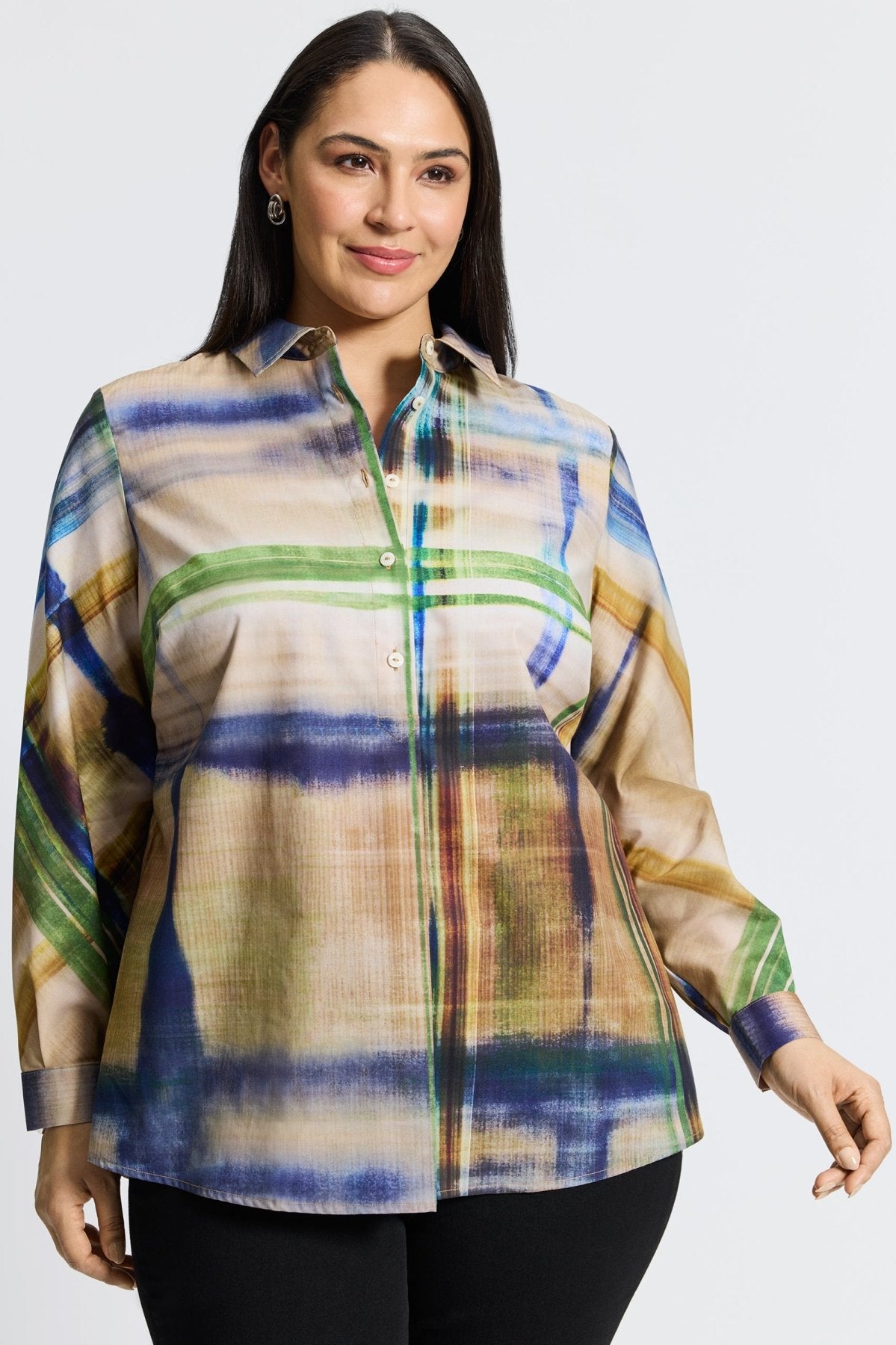 Delia Plus No Iron Painterly Plaid Shirt