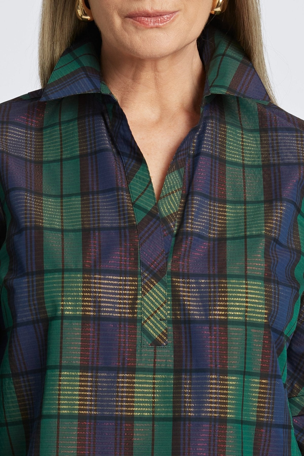 Frankie No Iron Metallic Plaid Popover