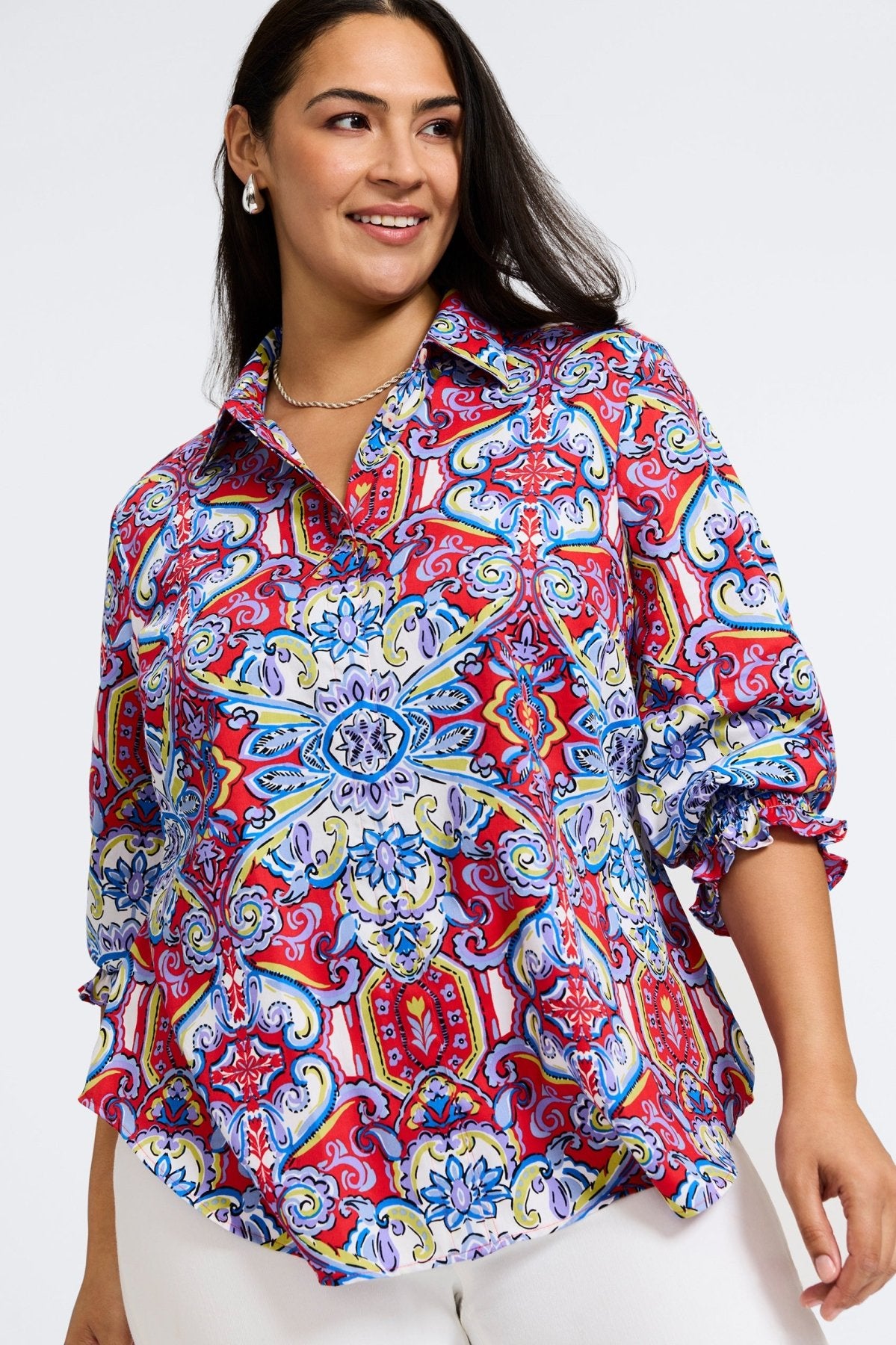 Olivia Plus No Iron Mediterranean Tiles 3/4 Sleeve Shirt