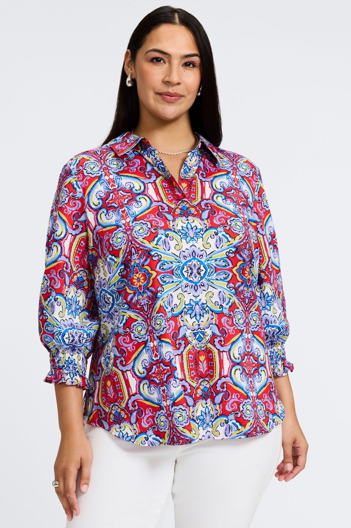 Olivia Plus No Iron Mediterranean Tiles 3/4 Sleeve Shirt