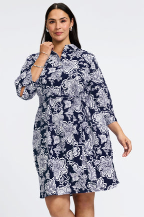 Rocca Plus No Iron Woodblock Floral 3/4 Sleeve Dress