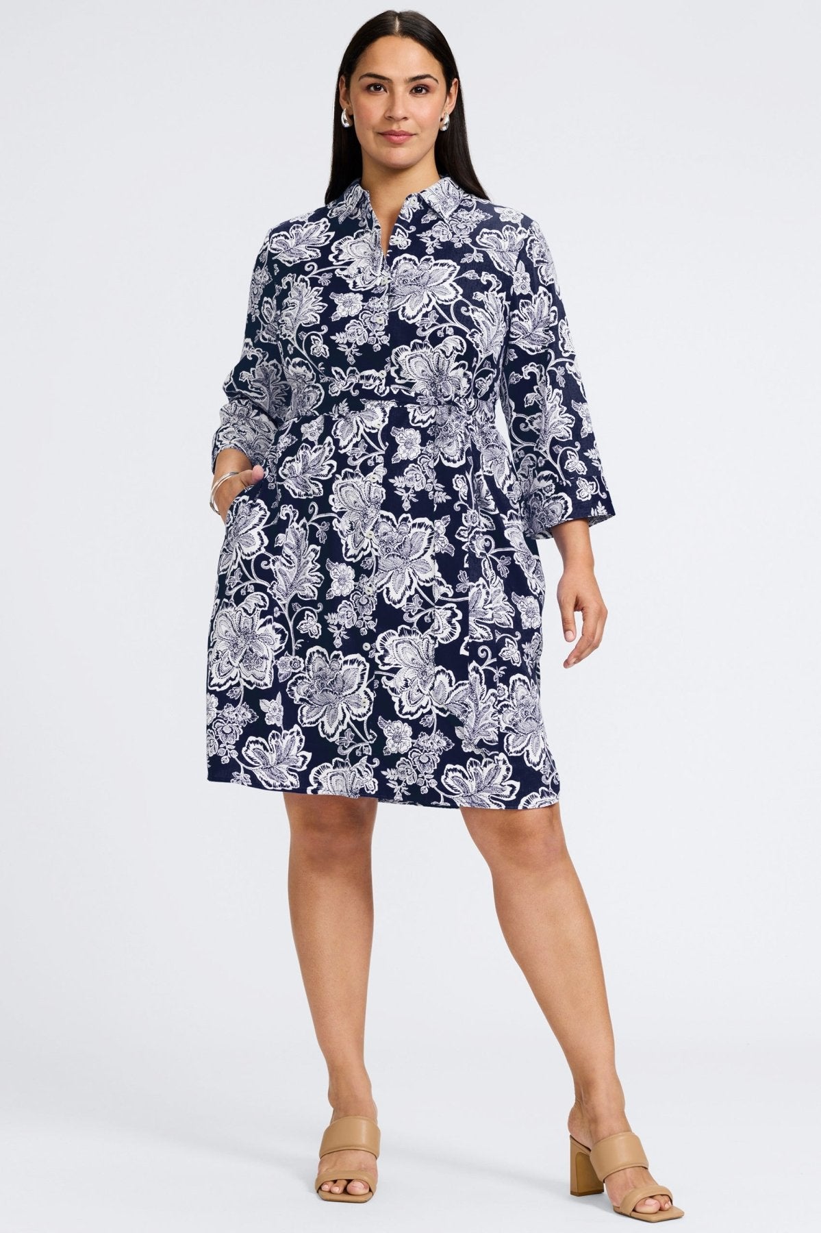 Rocca Plus No Iron Woodblock Floral 3/4 Sleeve Dress