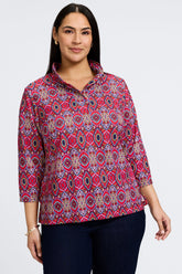 Tammy Plus No Iron Geometric Tile 3/4 Sleeve Popover