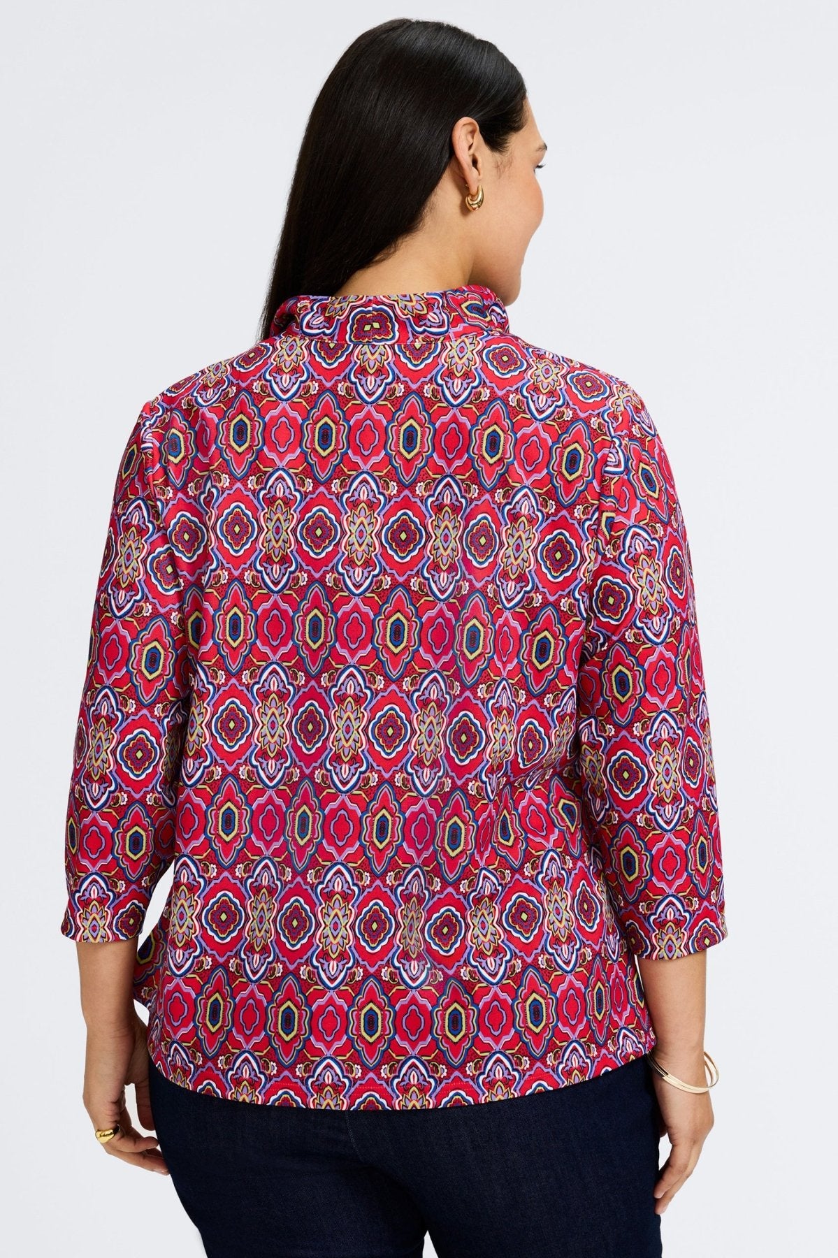 Tammy Plus No Iron Geometric Tile 3/4 Sleeve Popover