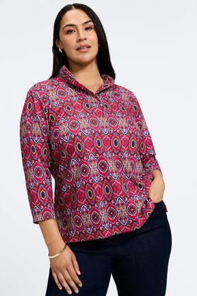 Tammy Plus No Iron Geometric Tile 3/4 Sleeve Popover