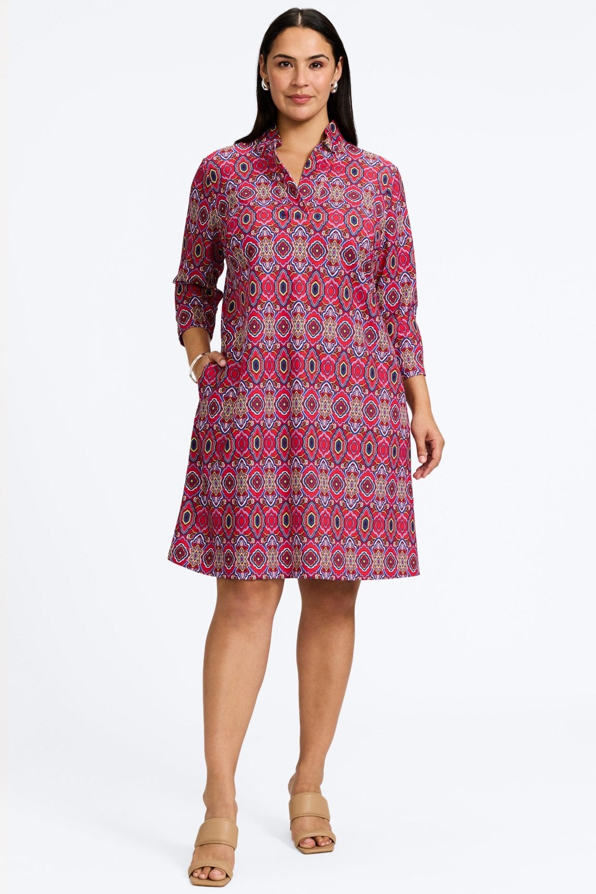 Tammy Plus No Iron Geometric Tile 3/4 Sleeve Dress