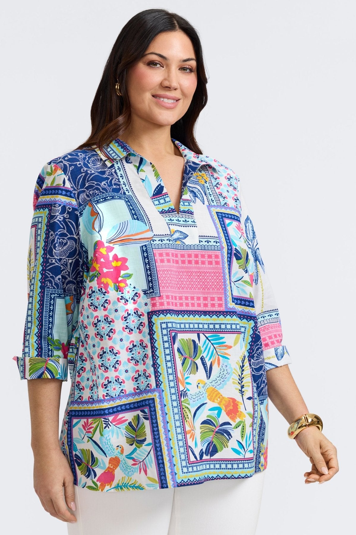 Julia Plus Island Conversational 3/4 Sleeve Popover Shirt