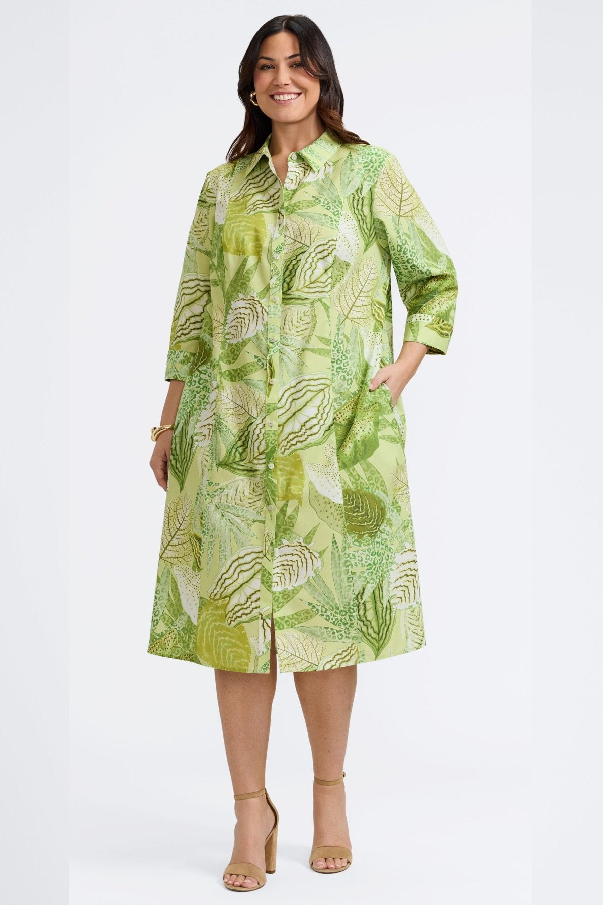 Fiona Plus Jungle Leaves 3/4 Sleeve Dress