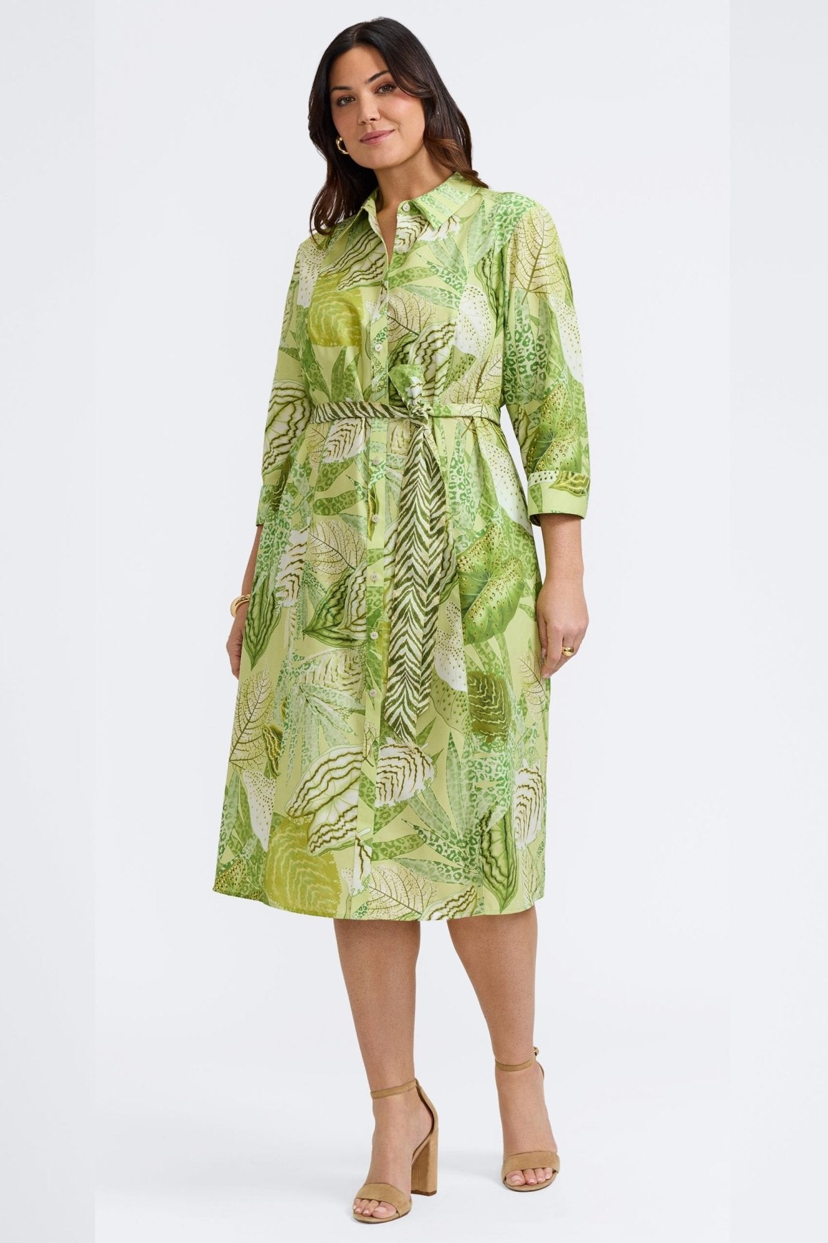 Fiona Plus Jungle Leaves 3/4 Sleeve Dress