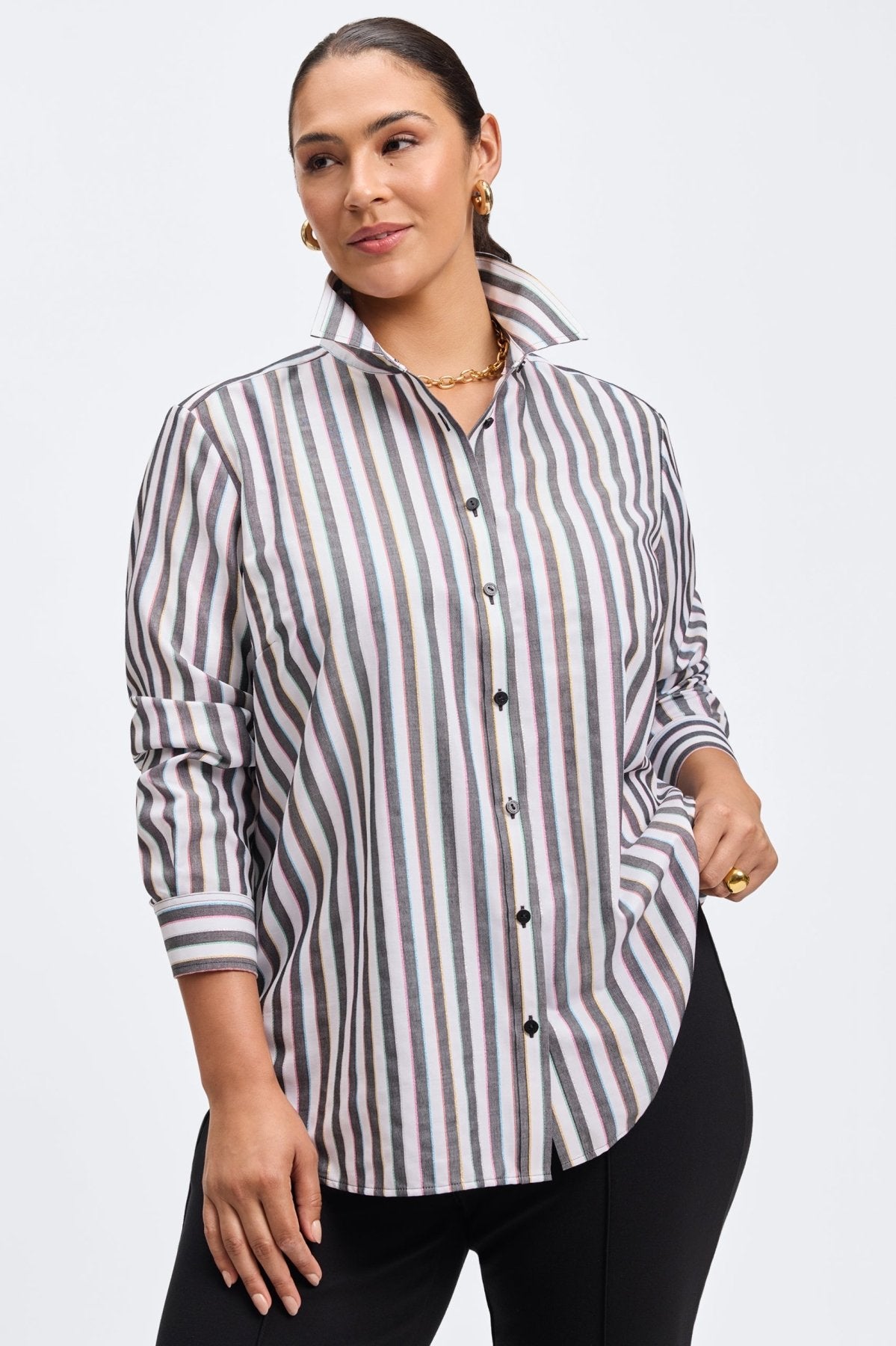 Boyfriend Plus No Iron Rainbow Lurex Stripe Shirt