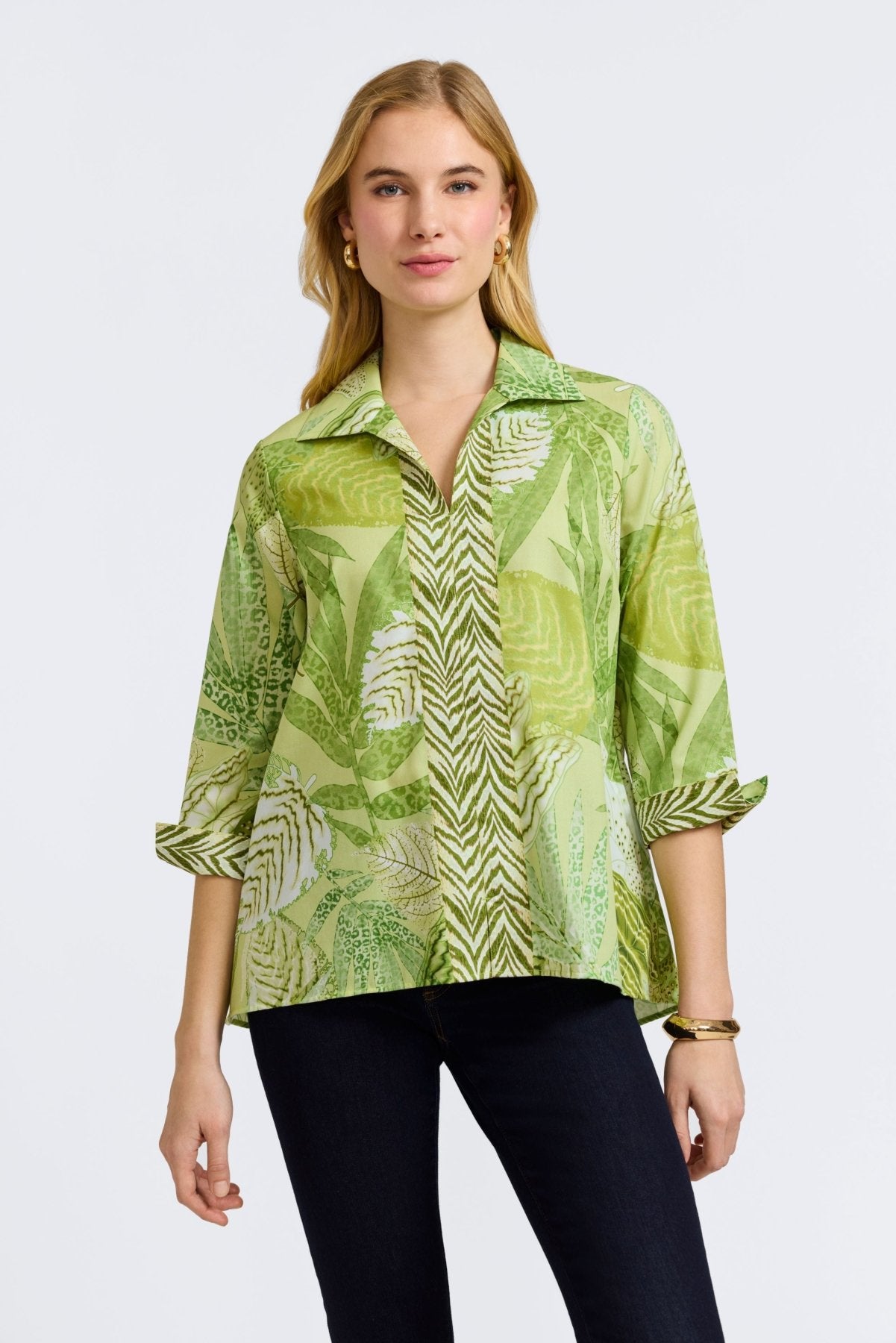 Agnes Jungle Leaves 3/4 Sleeve Popover Shirt