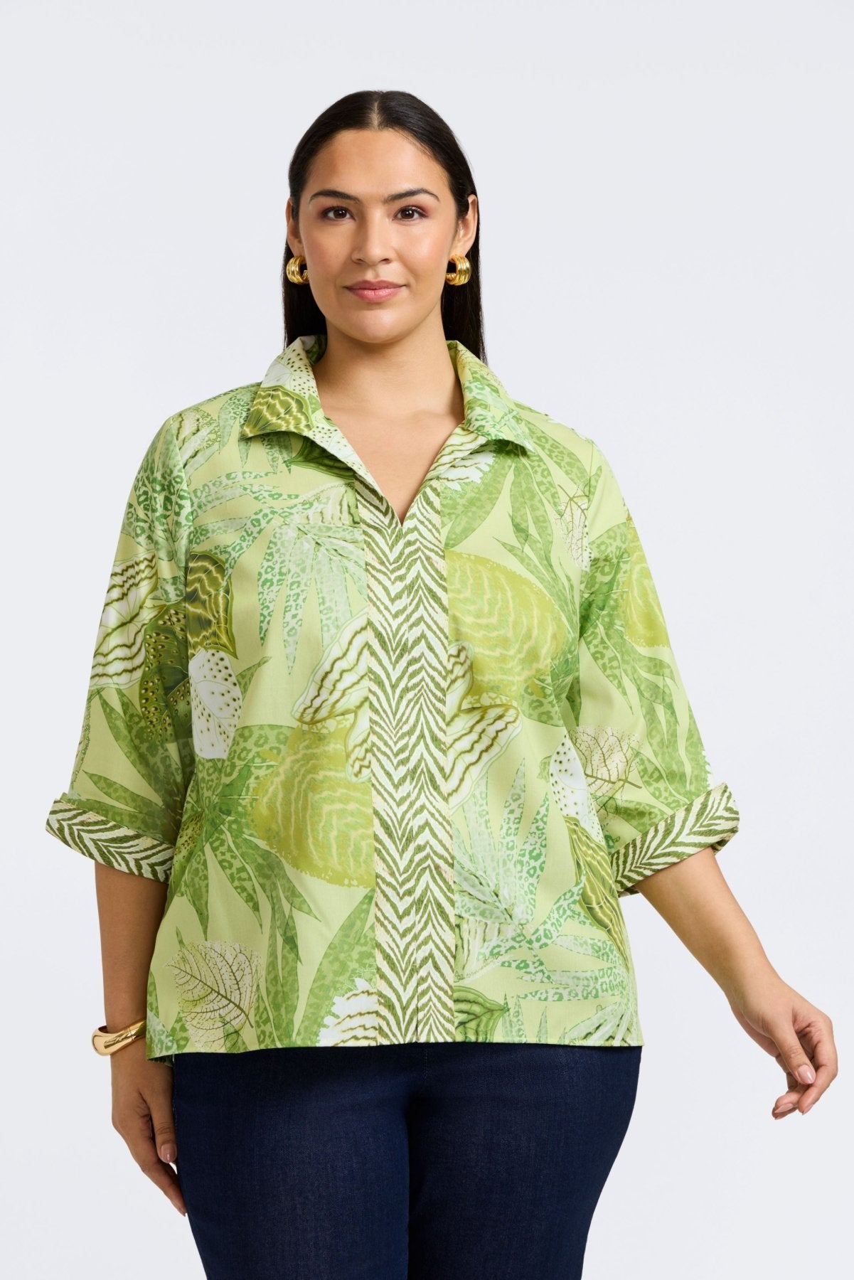 Agnes Plus Jungle Leaves 3/4 Sleeve Popover Shirt