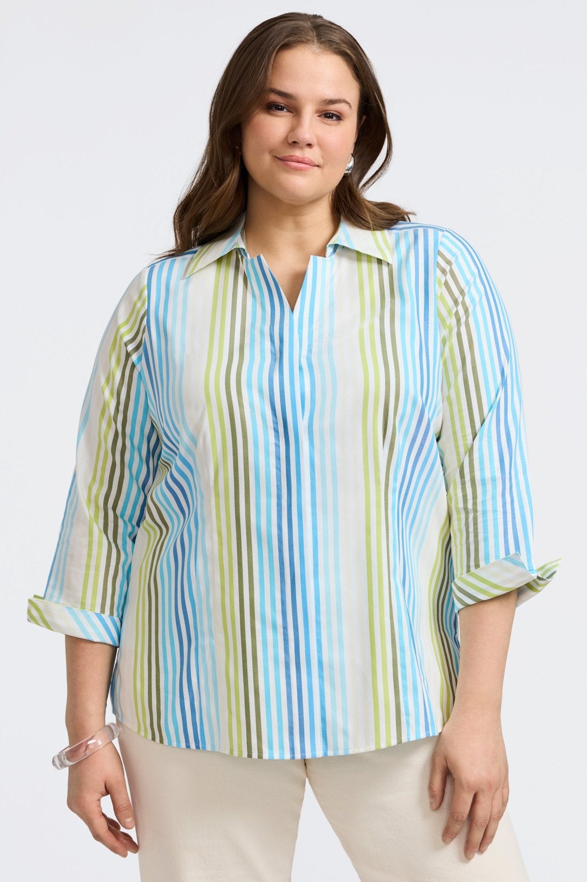 Taylor Plus No Iron Pinpoint Ombre Stripe 3/4 Sleeve Shirt