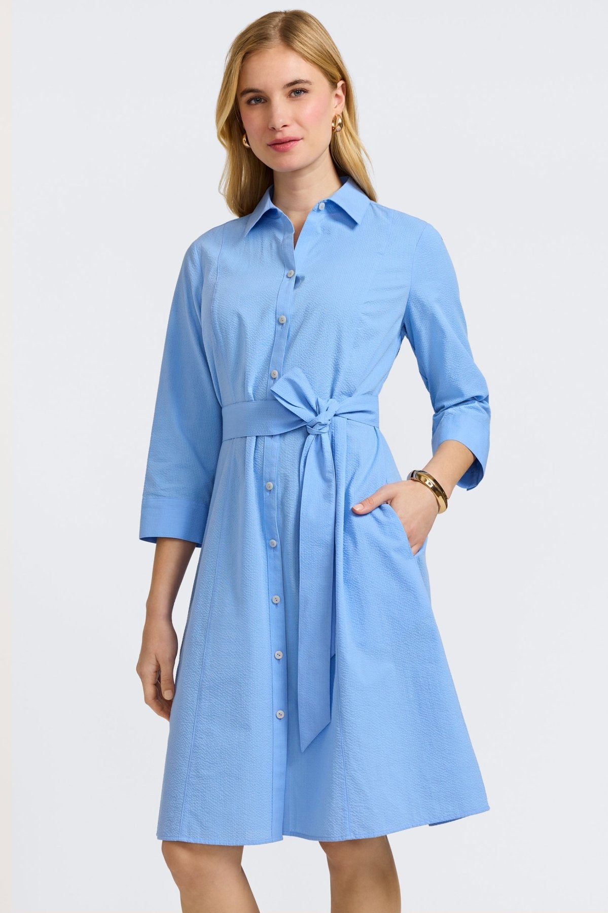 Fiona Seersucker Lake Blue 3/4 Sleeve Dress